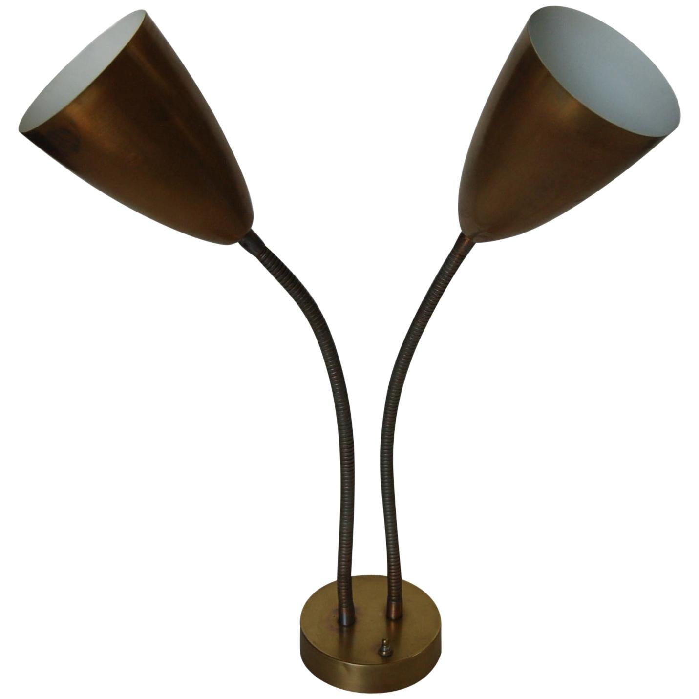 Midcentury Double Gooseneck Brass Desk Table Lamp