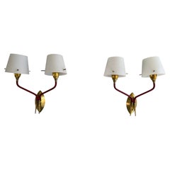 Mid-Century Double Head Glass and Brass Pair of Wall Lamps, 1960s, Italy