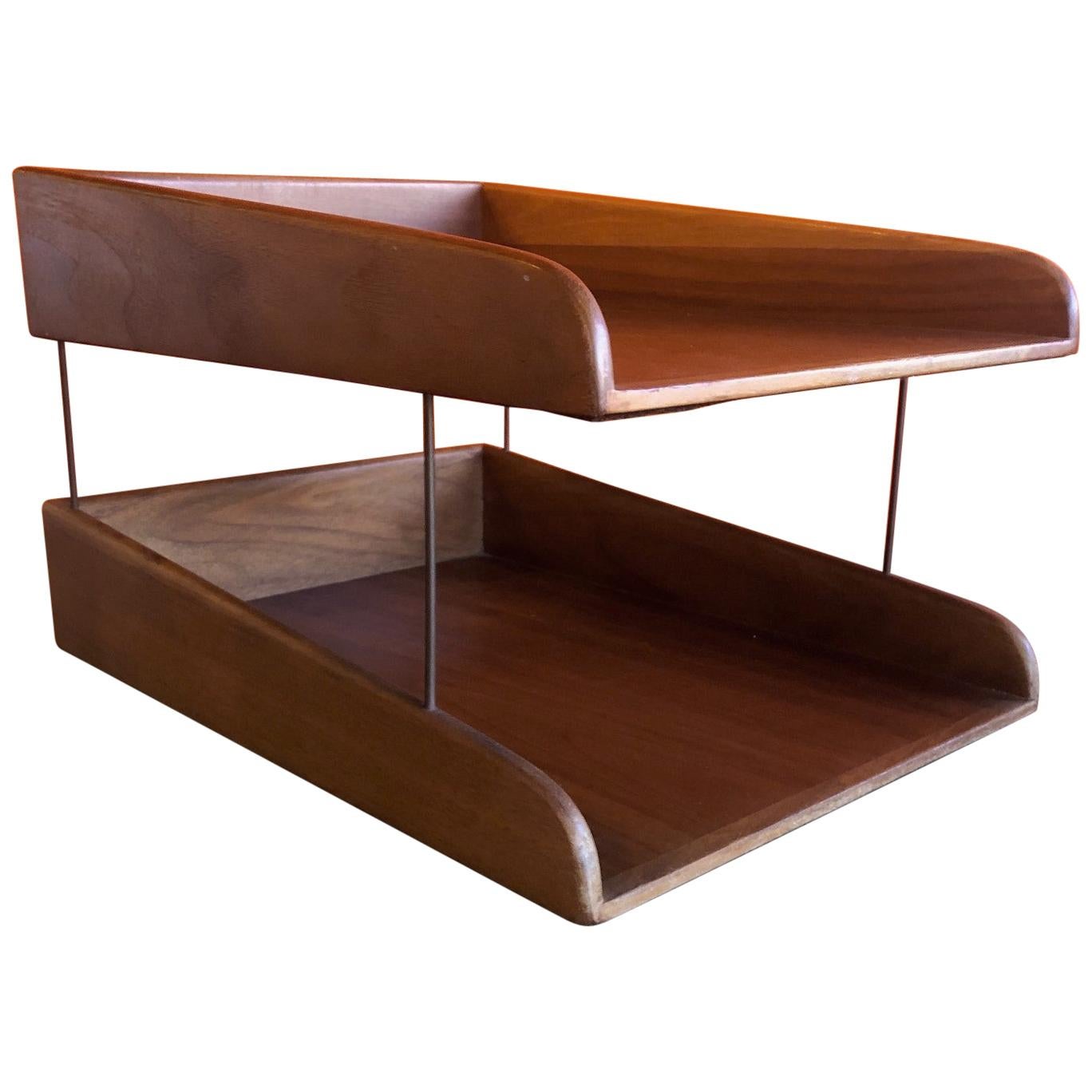 Midcentury Double Letter Tray in Walnut by Unicor