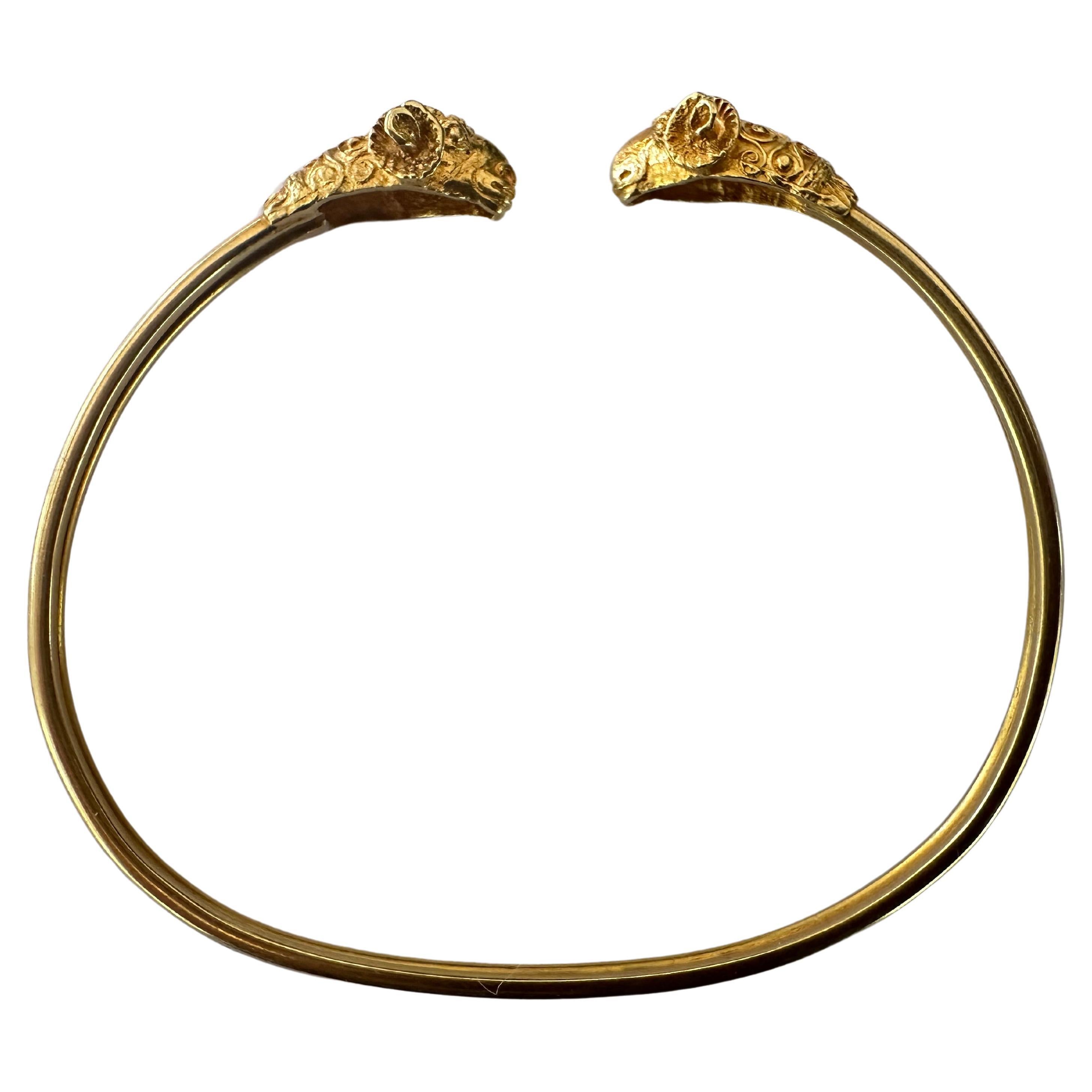 Mid-Century Double Rams Head Flexible Gold Bangle