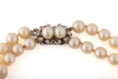 Mid Century Double Strand Cultured Pearls with Diamond Pearl Clasp