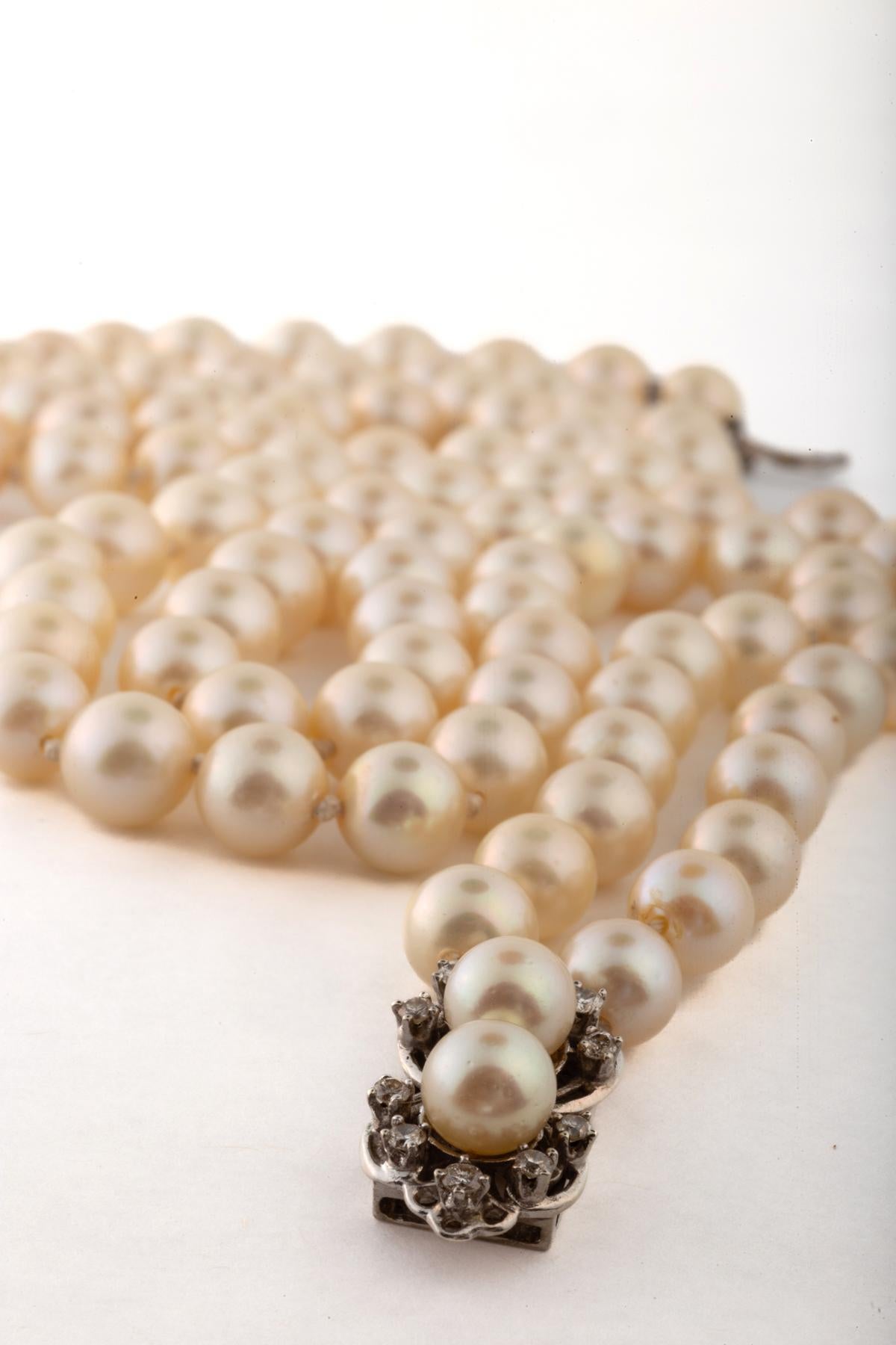Post-War Mid Century Double Strand Cultured Pearls with Diamond Pearl Clasp For Sale