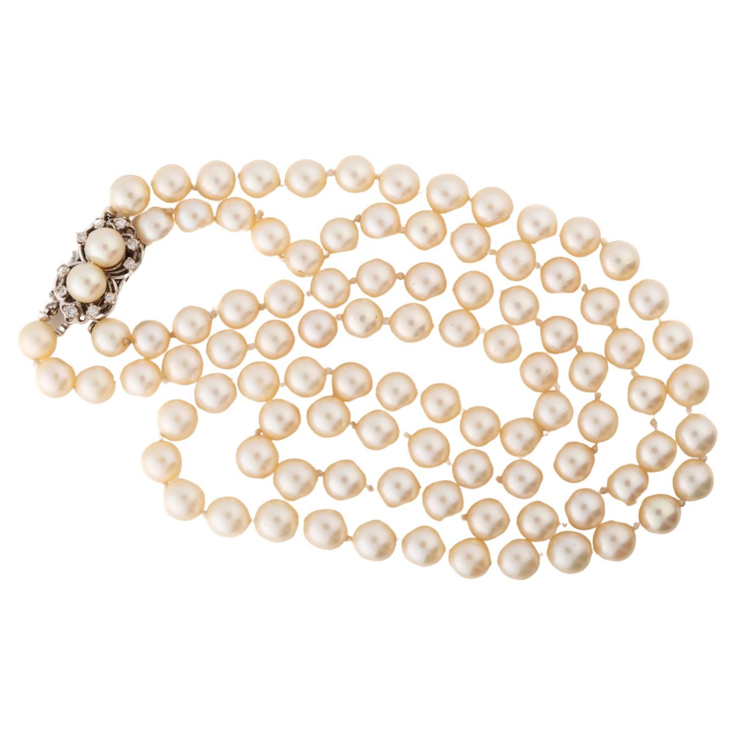 Mid Century Double Strand Cultured Pearls with Diamond Pearl Clasp