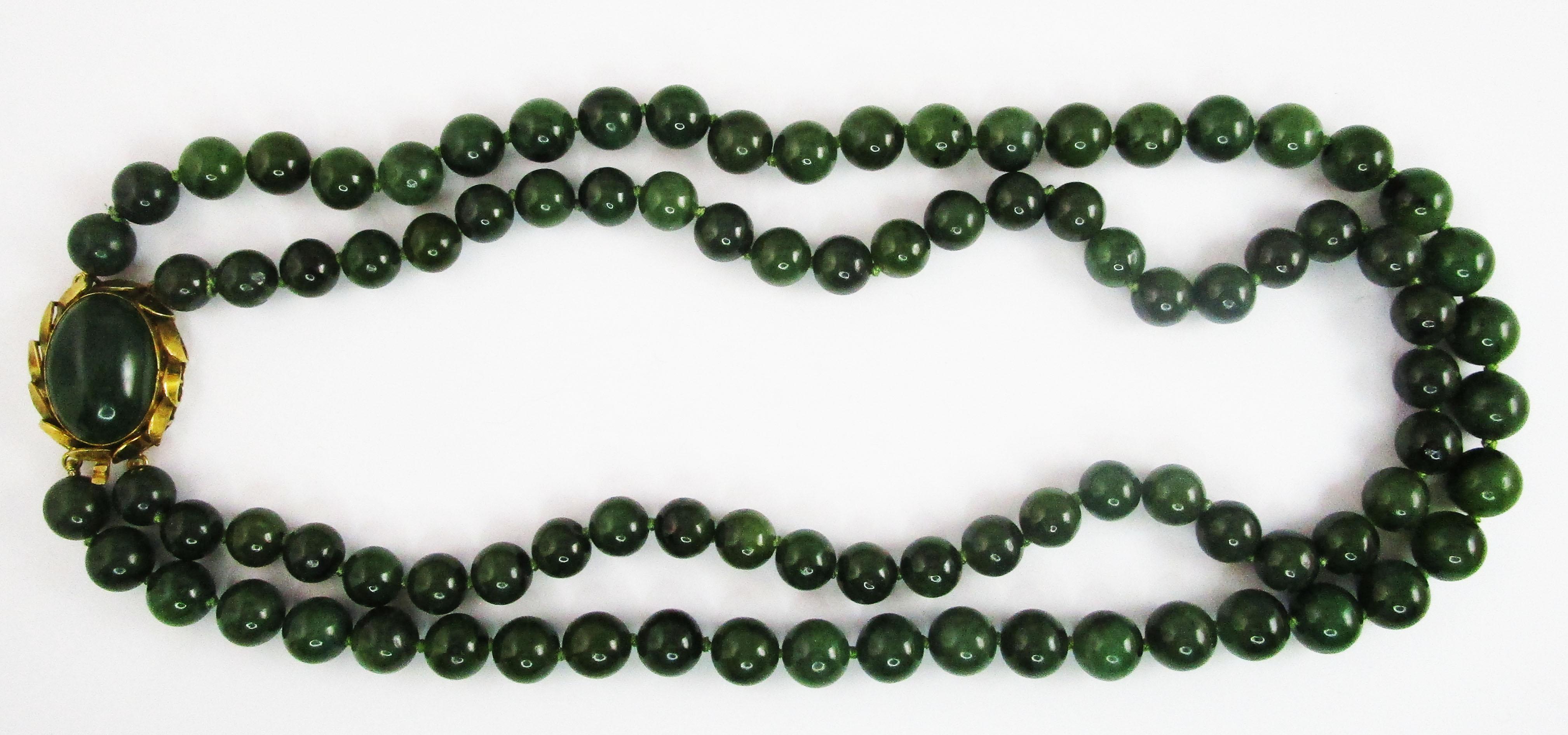 Modernist Midcentury Double Strand Jade Necklace with 14 Karat Gold Clasp