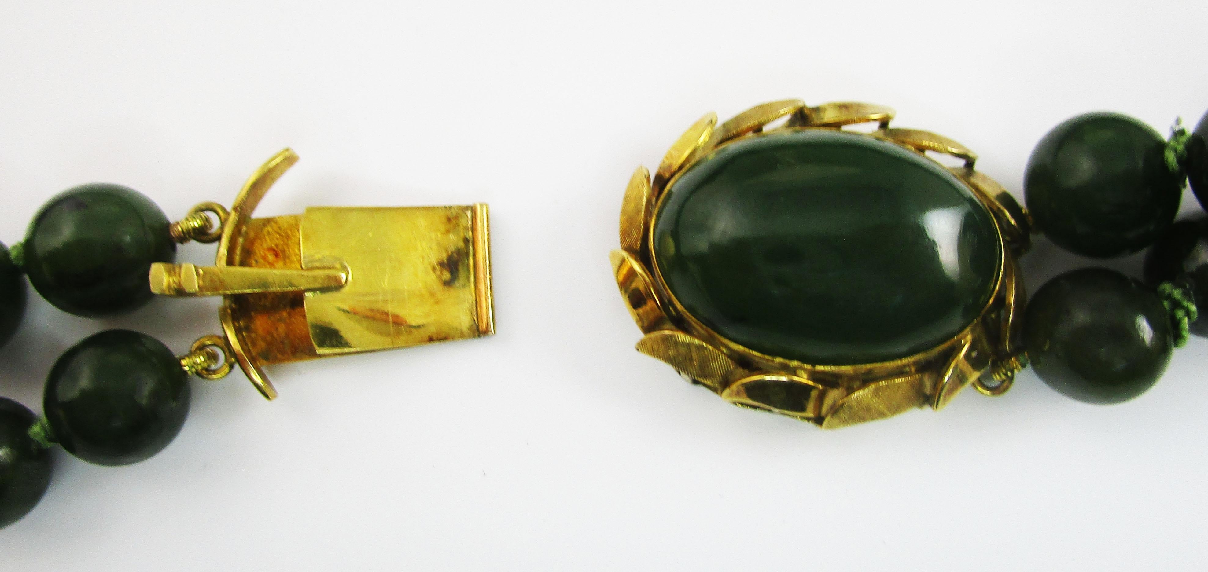 Midcentury Double Strand Jade Necklace with 14 Karat Gold Clasp In Excellent Condition In Lexington, KY