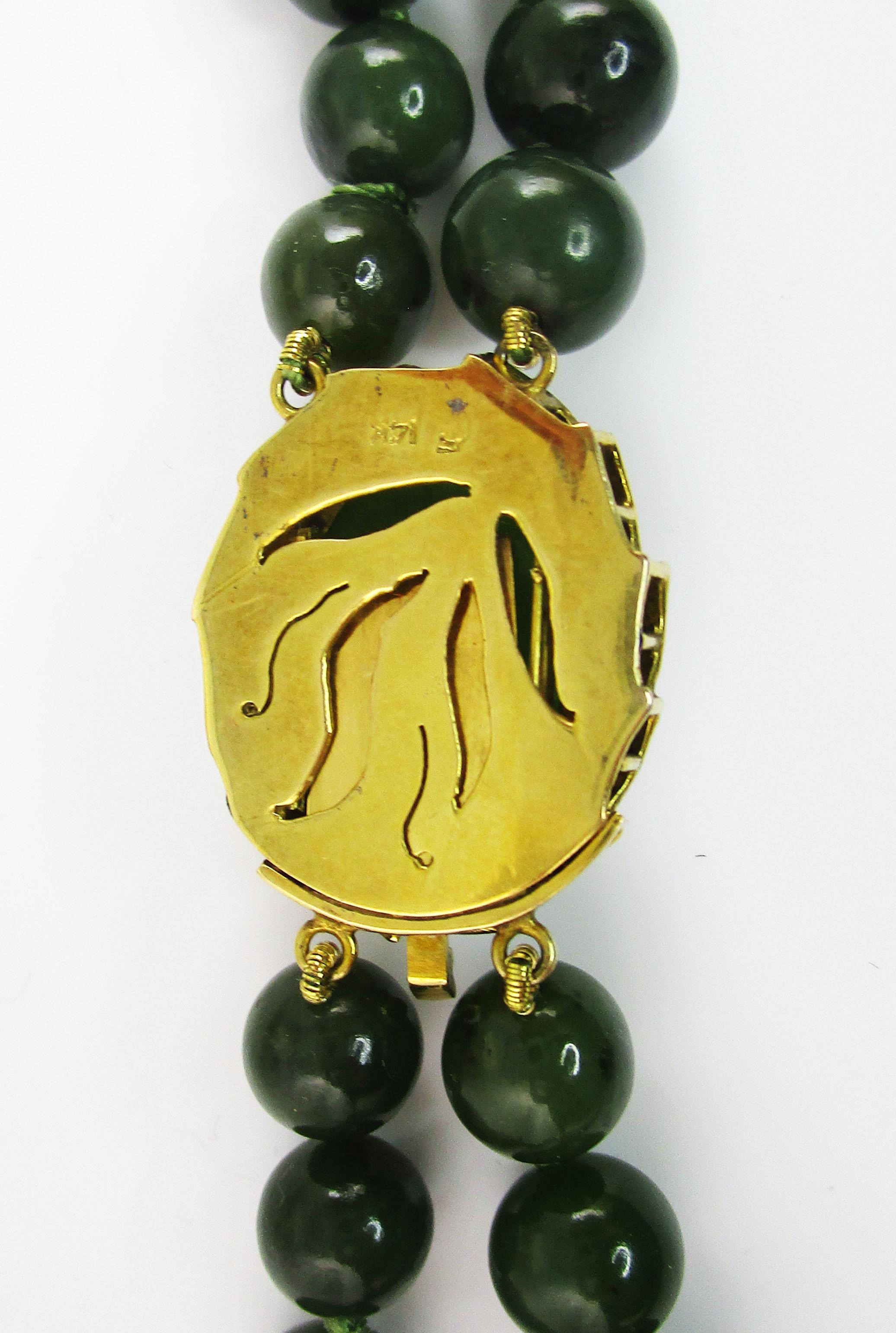Midcentury Double Strand Jade Necklace with 14 Karat Gold Clasp 1