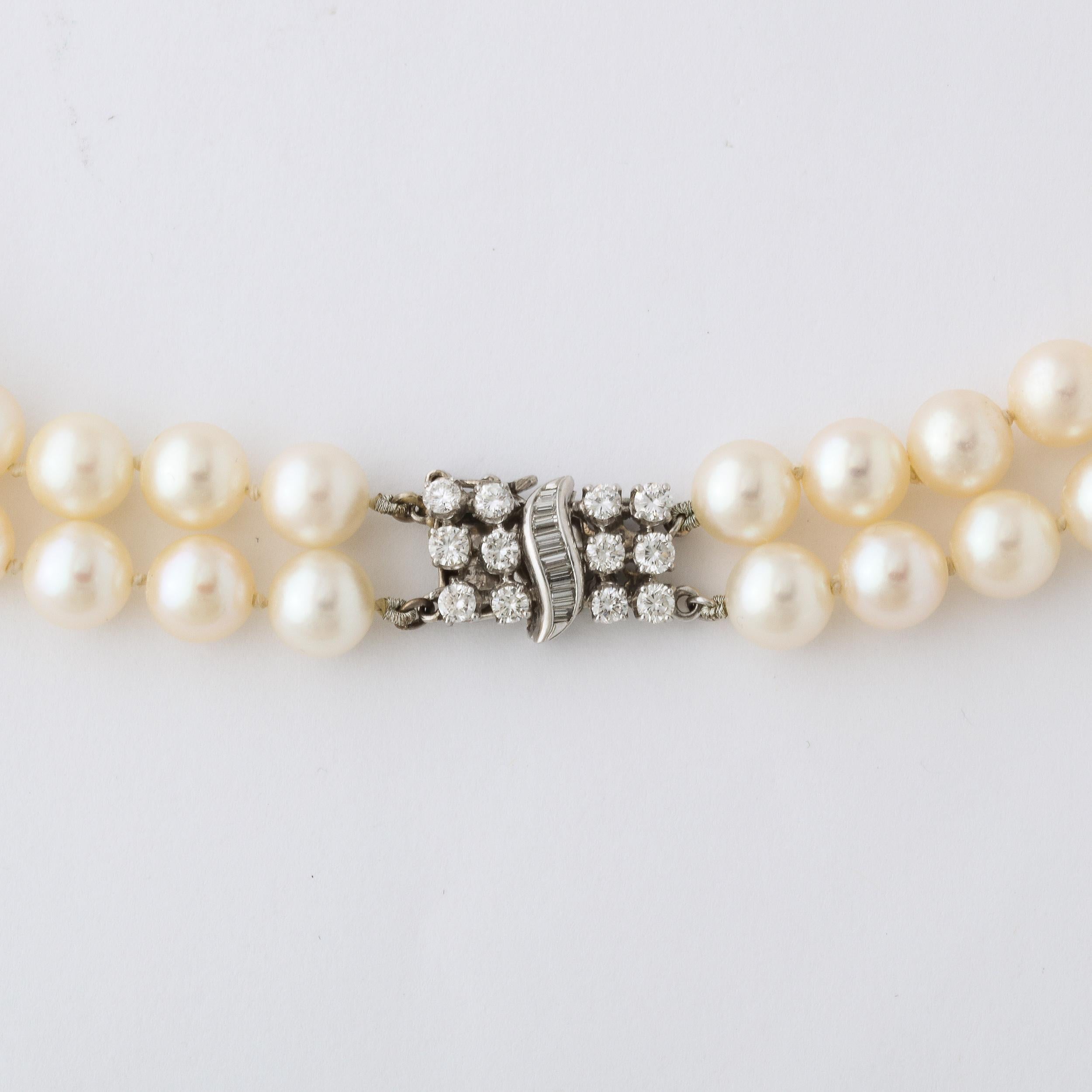 Modernist Mid Century Double Strand Pearls with Diamond Clasp For Sale