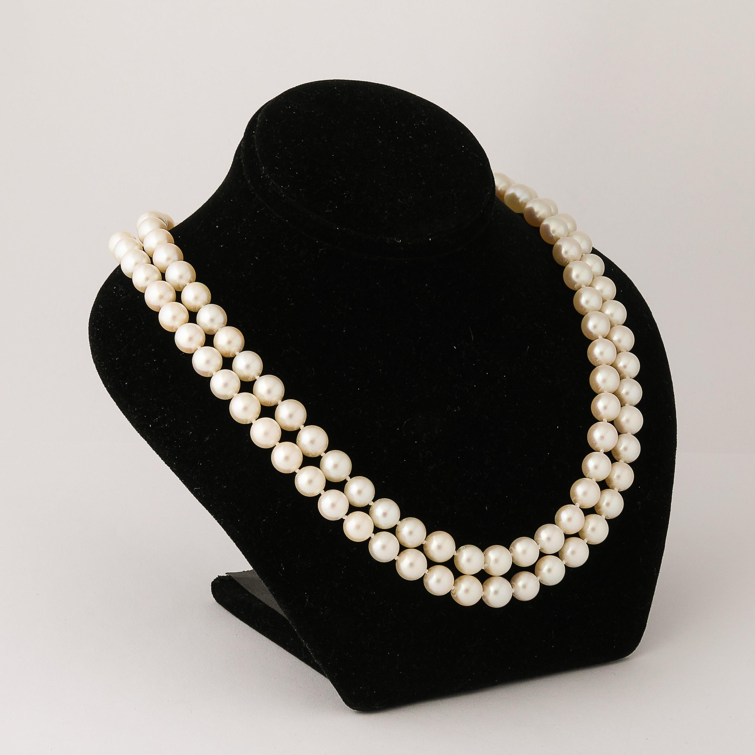 Modernist Mid-Century Double Strand Pearls with Diamond Clasp For Sale