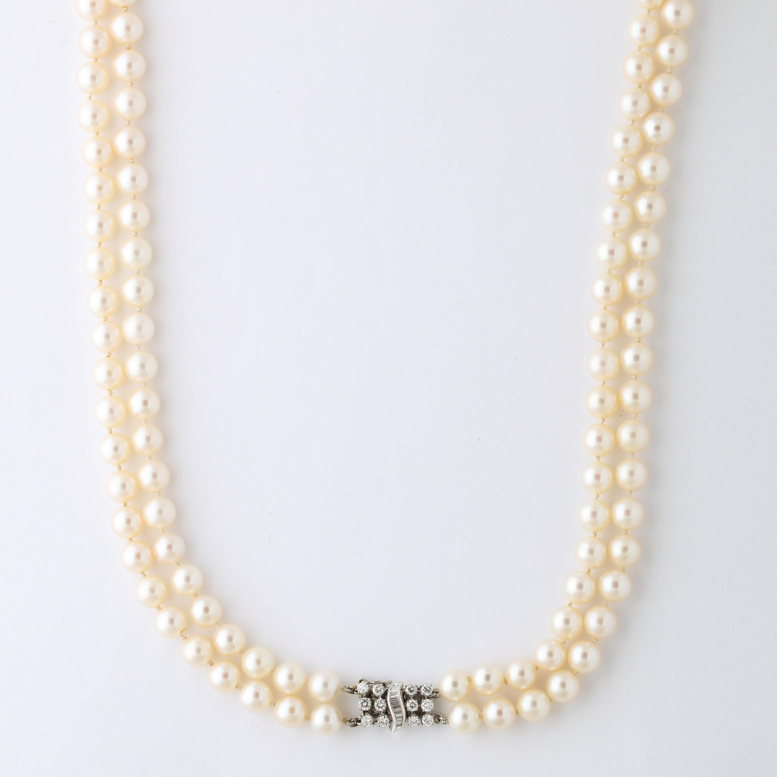 Brilliant Cut Mid Century Double Strand Pearls with Diamond Clasp For Sale