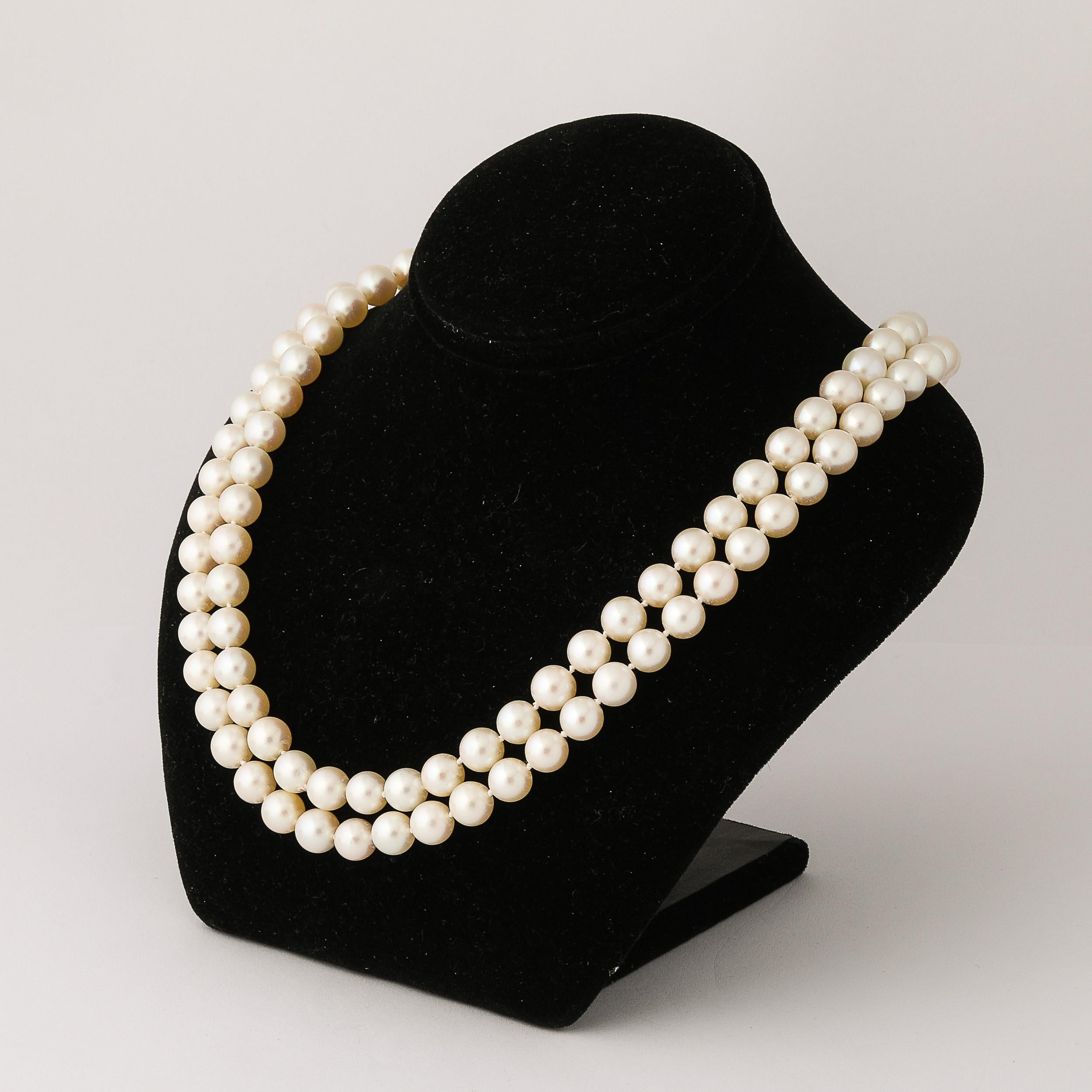 Brilliant Cut Mid-Century Double Strand Pearls with Diamond Clasp For Sale