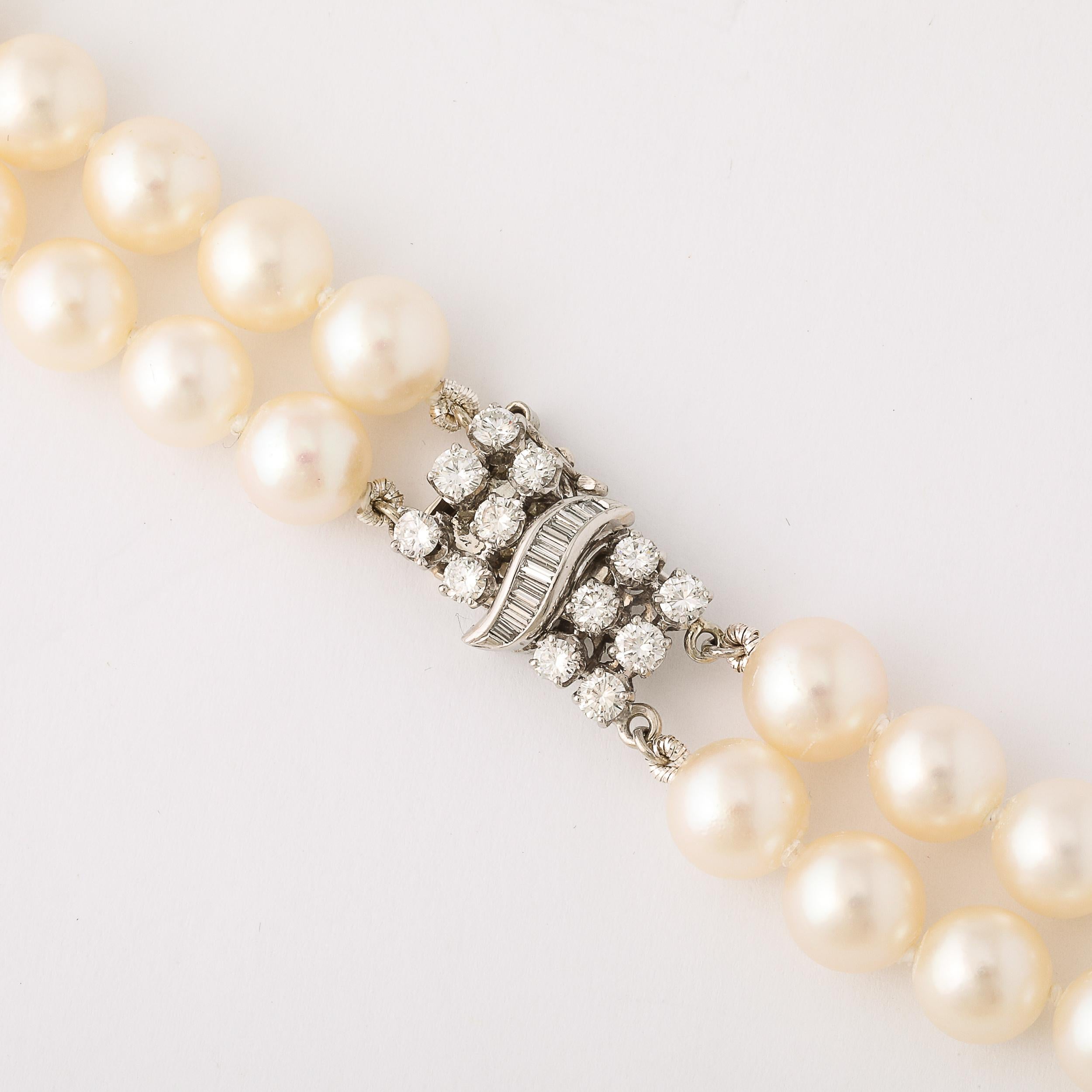 Women's or Men's Mid-Century Double Strand Pearls with Diamond Clasp For Sale