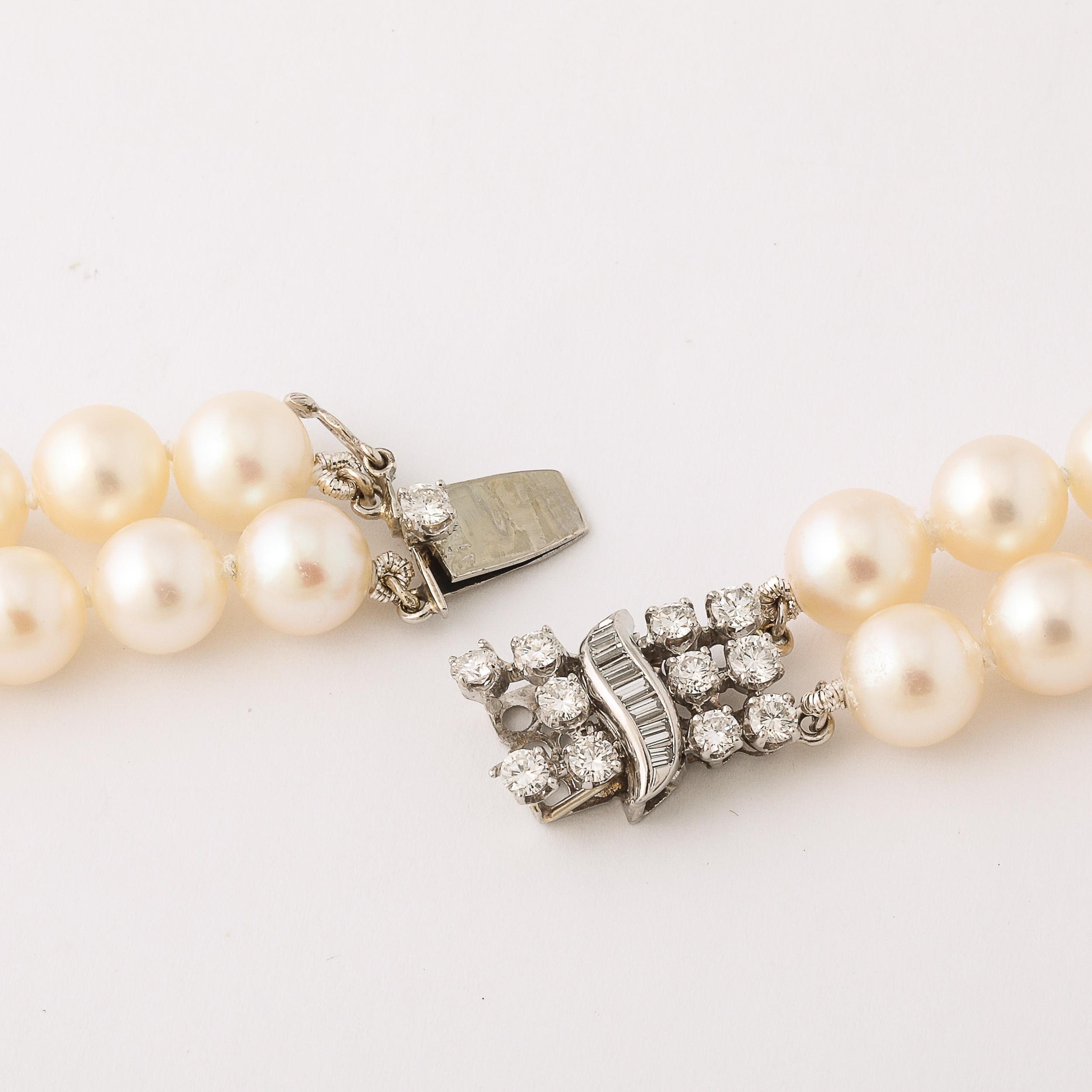 Mid-Century Double Strand Pearls with Diamond Clasp For Sale 1