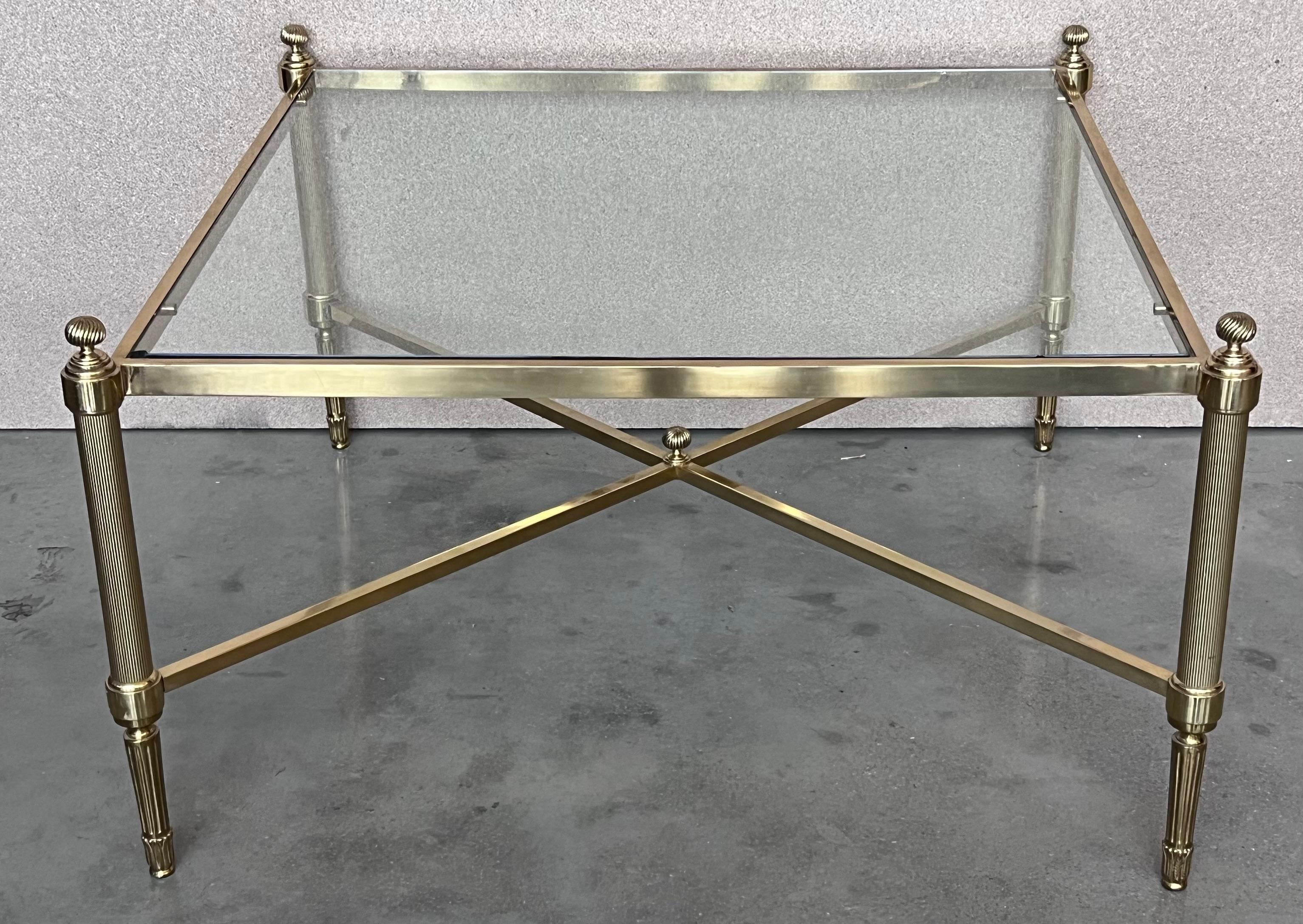 Double tray Mid-Century coffee table in Maison Jansen Style. Neoclassical style Bronze frame and crystal glass top.