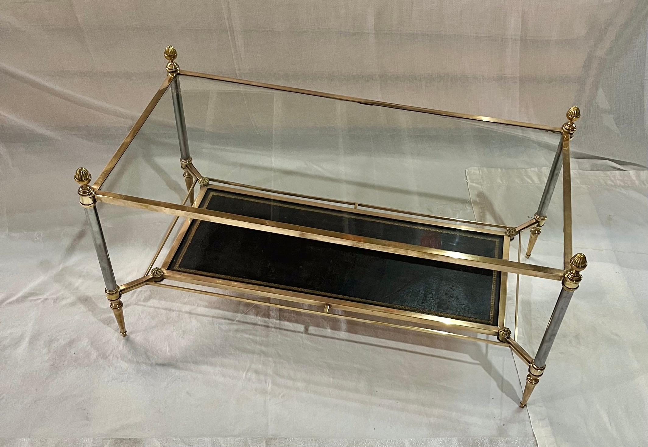 Mid-Century Double Tray Coffee Table by Maison Jansen, Bronze, Glass and Leather For Sale 4