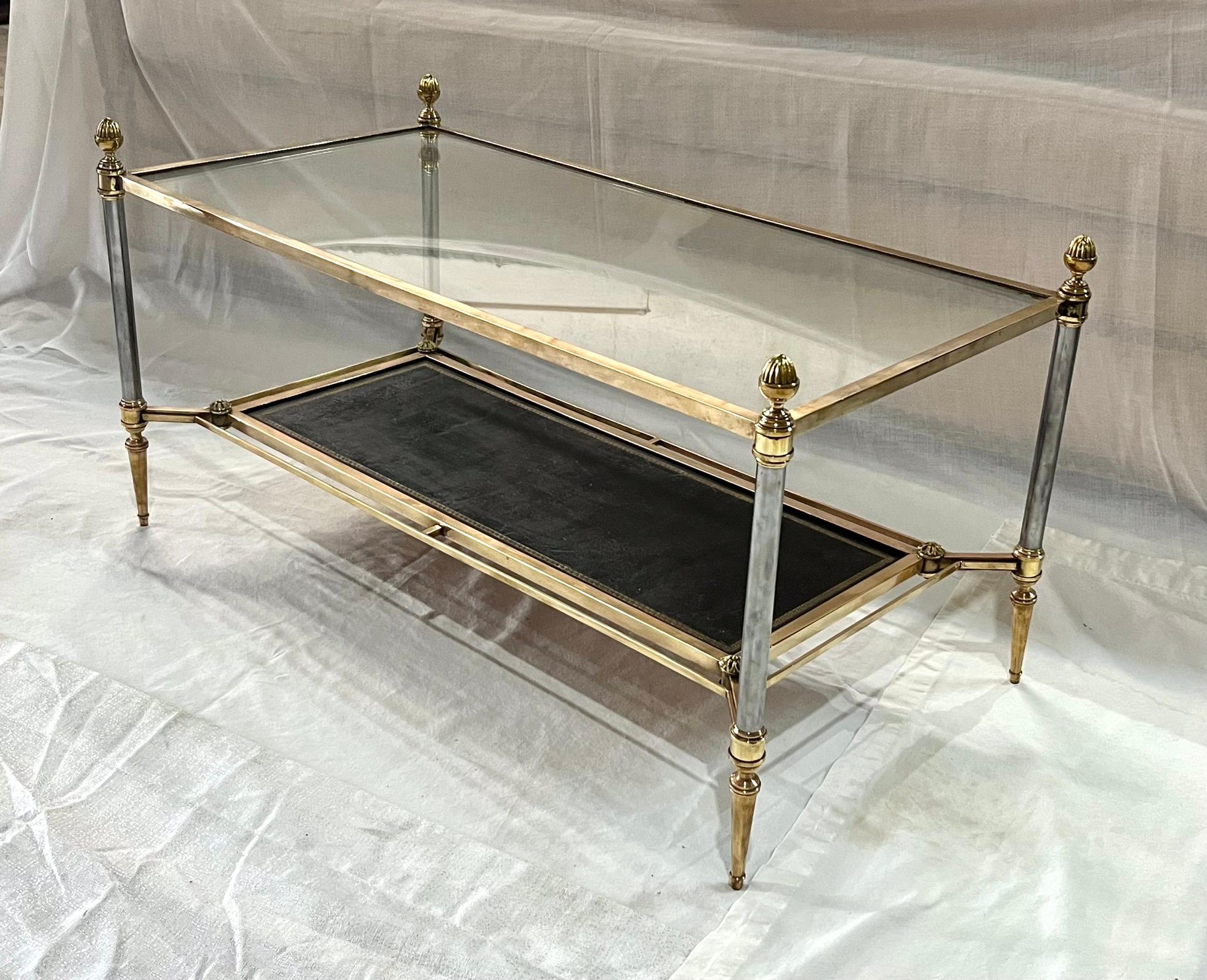 Mid-Century Modern Mid-Century Double Tray Coffee Table by Maison Jansen, Bronze, Glass and Leather For Sale