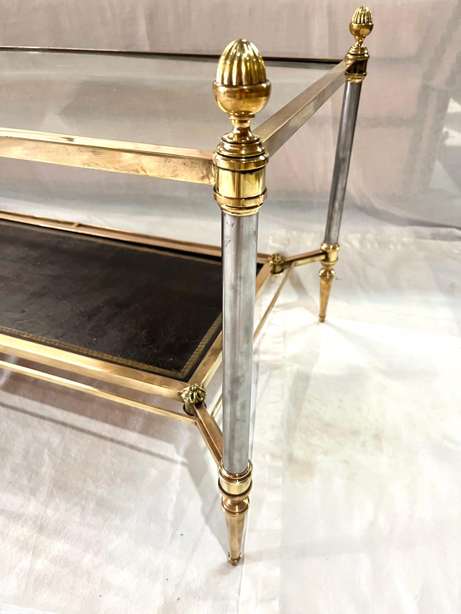 Mid-Century Double Tray Coffee Table by Maison Jansen, Bronze, Glass and Leather In Good Condition For Sale In Miami, FL