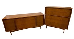 Mid-Century Dresser Set with Sculpted Drawer Fronts-Highboy & 9-Drawer Dresser.