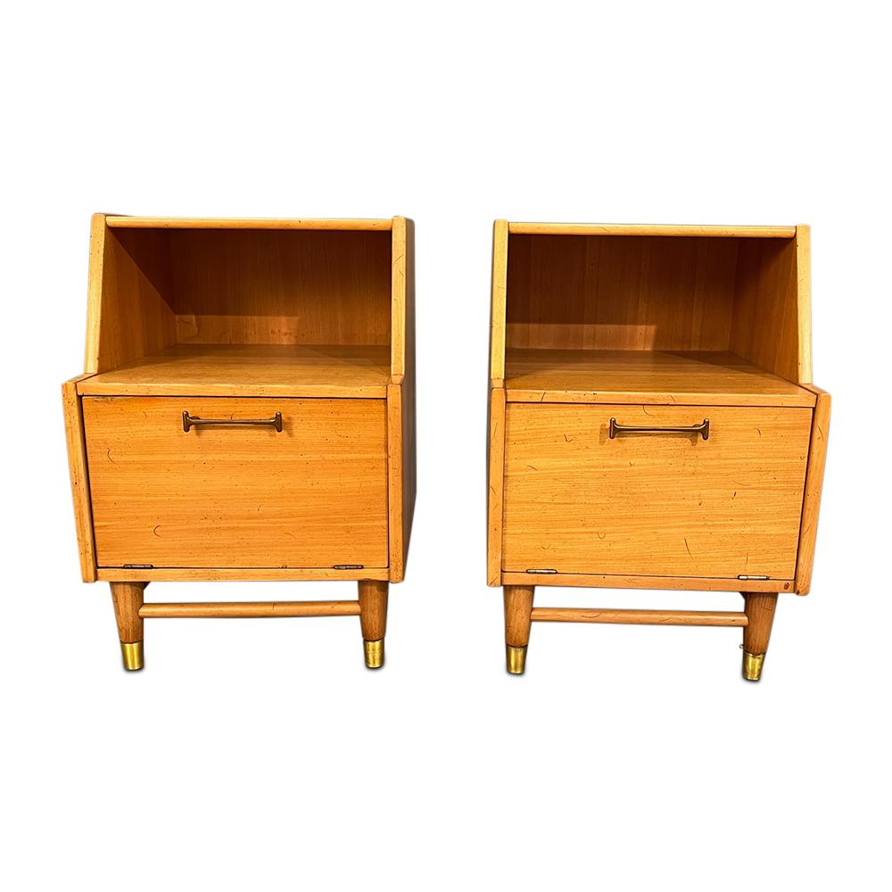 Mid-century Drexler nightstands with open storage and shelving (PAIR)
Dimensions: W18 x D18.5” x H26” inches 
First shelf height: 8” inches.