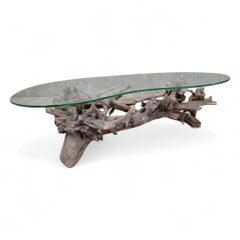 Mid Century Drift/Teak Root Live Edge Kidney Shape Glass Top Coffee Table