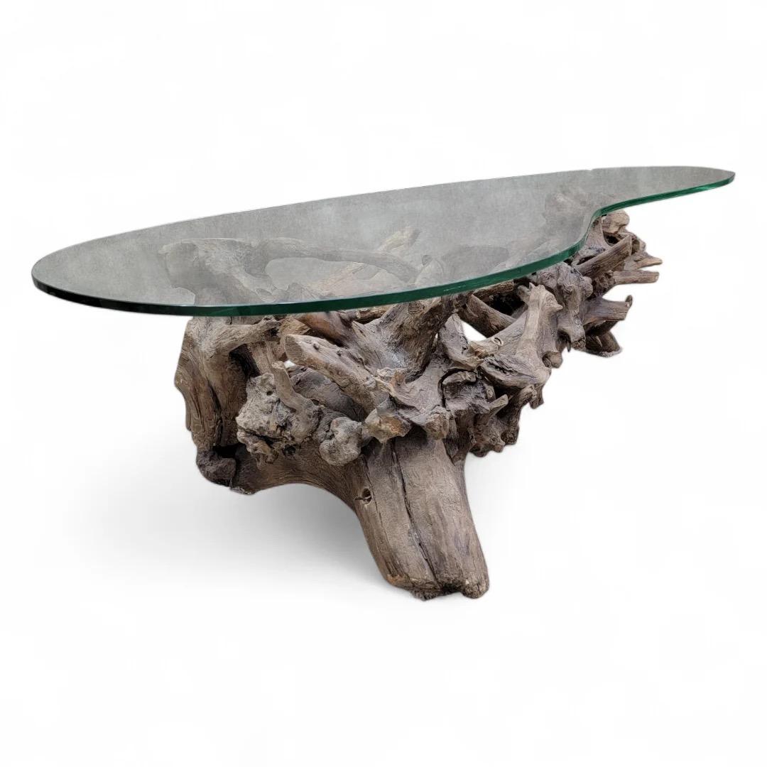 Unknown Mid Century Drift/Teak Root Live Edge Kidney Shape Glass Top Coffee Table For Sale