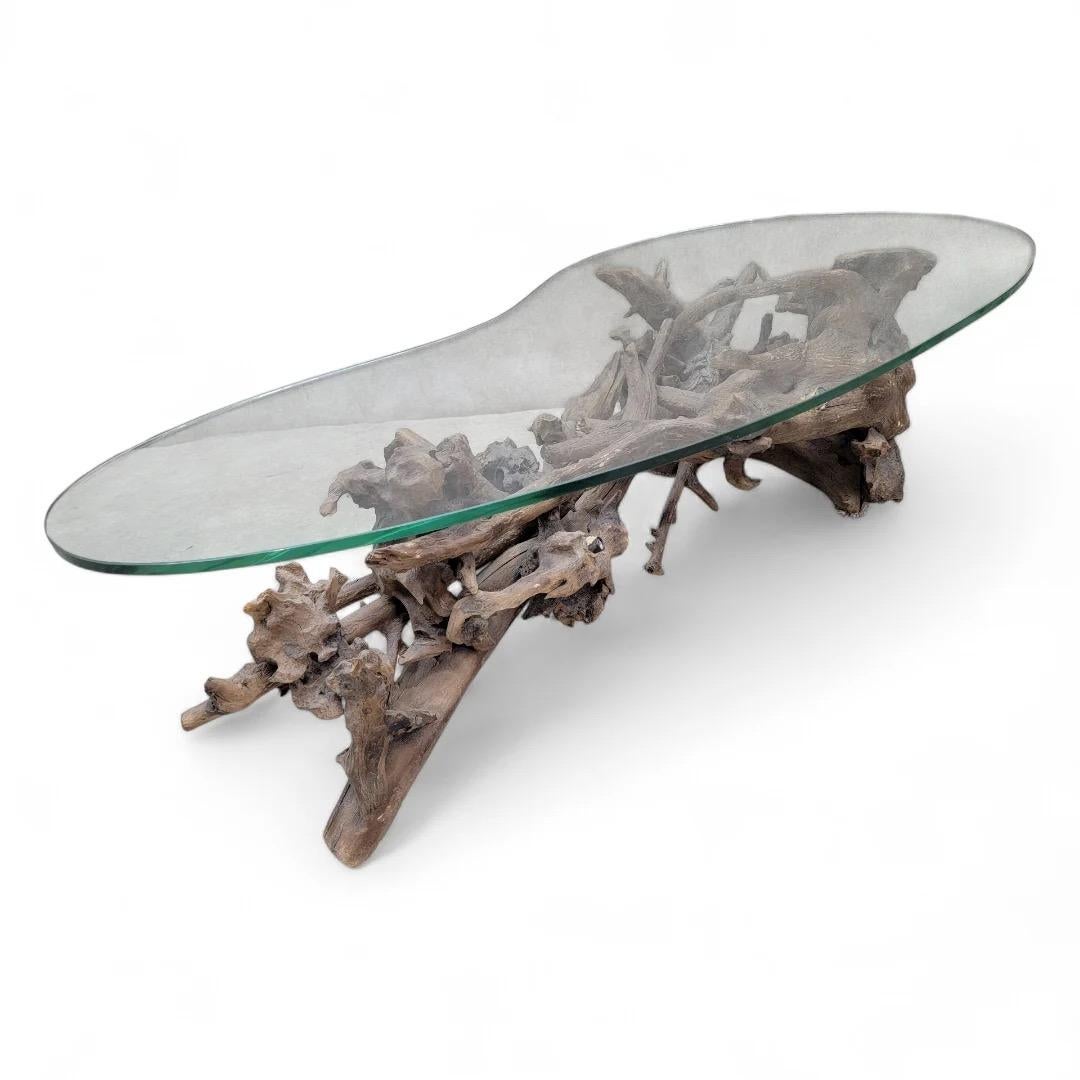 Mid Century Drift/Teak Root Live Edge Kidney Shape Glass Top Coffee Table In Good Condition For Sale In Chicago, IL