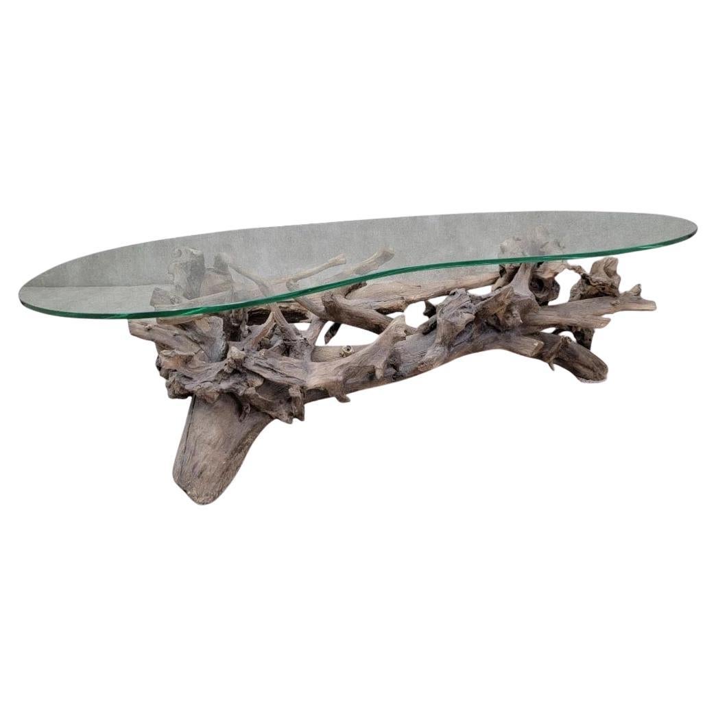 Mid Century Drift/Teak Root Live Edge Kidney Shape Glass Top Coffee Table