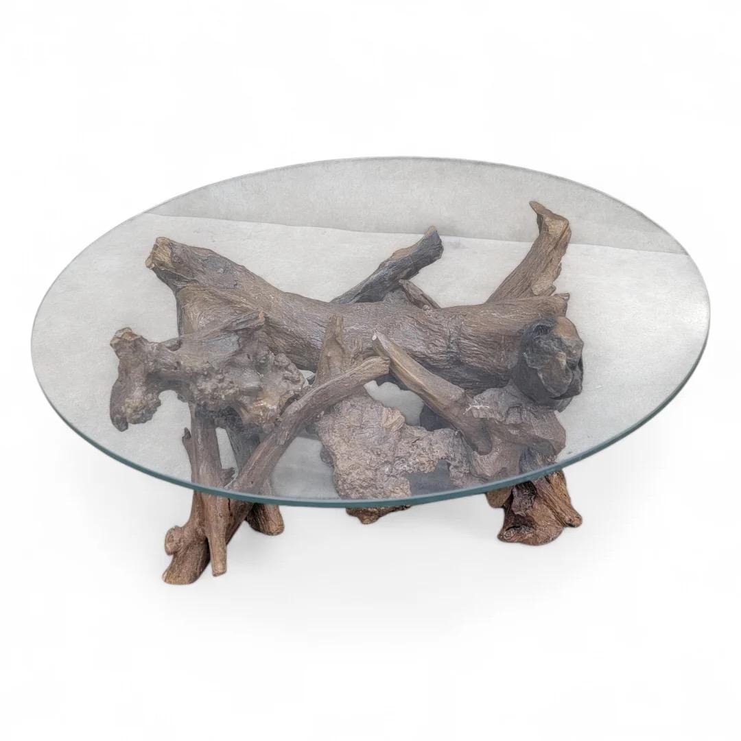 20th Century Mid Century Drift/Teak Root Live Edge Low Round Glass Top Cocktail Table For Sale