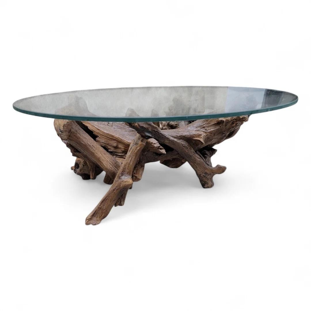 Driftwood Mid Century Drift/Teak Root Live Edge Low Round Glass Top Cocktail Table For Sale