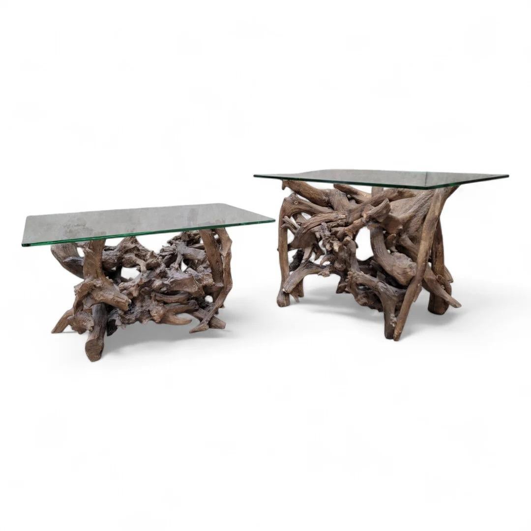 Mid Century Drift/Teak Root Live Edge Rectangle Glass Top Side Table - Set of 2

The Mid Century Drift/Teak Root Live Edge Rectangle Glass Top Side Table set combines natural elegance with modern design, featuring unique live edge detailing that