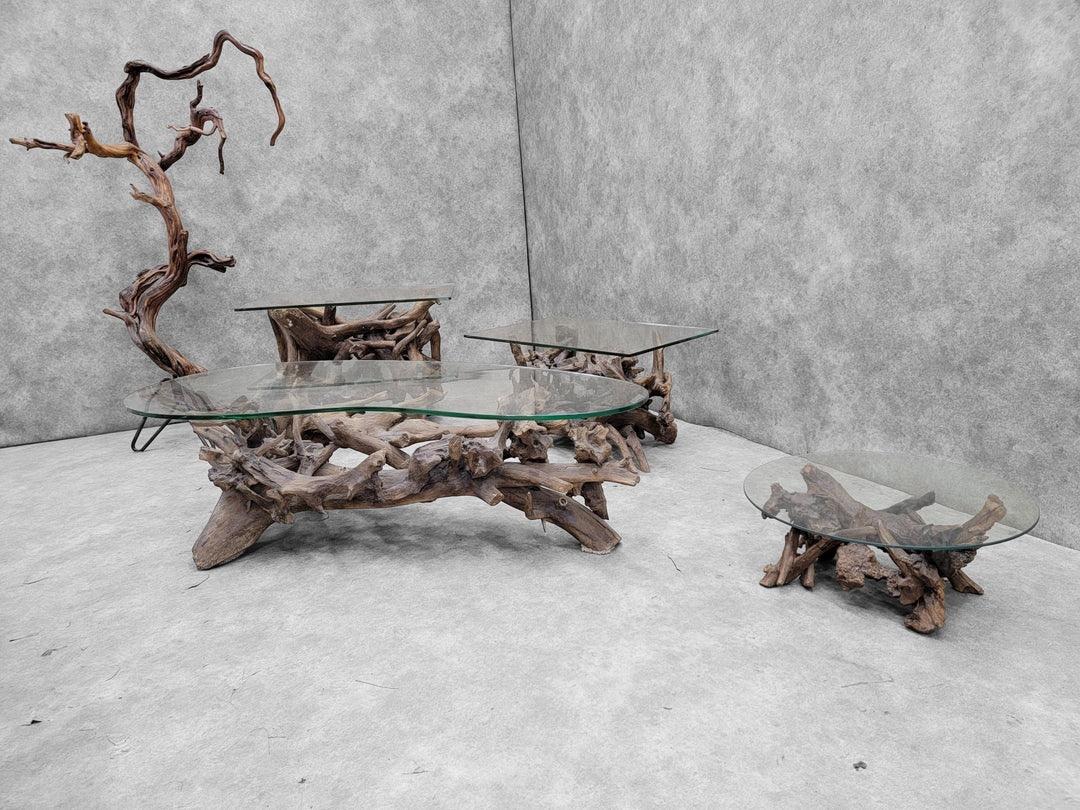 Rustic Mid Century Drift/Teak Root Live Edge Rectangle Glass Top Side Table - Set Of 2 For Sale