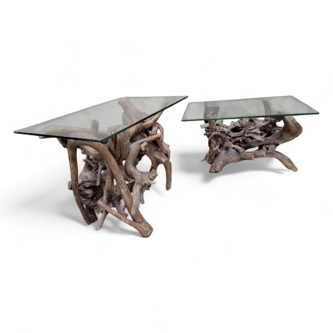 Driftwood Mid Century Drift/Teak Root Live Edge Rectangle Glass Top Side Table - Set Of 2 For Sale