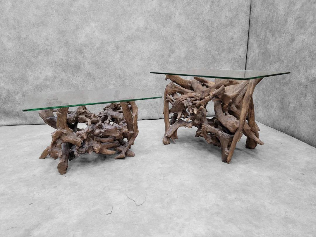 Mid Century Drift/Teak Root Live Edge Rectangle Glass Top Side Table - Set Of 2 For Sale 1