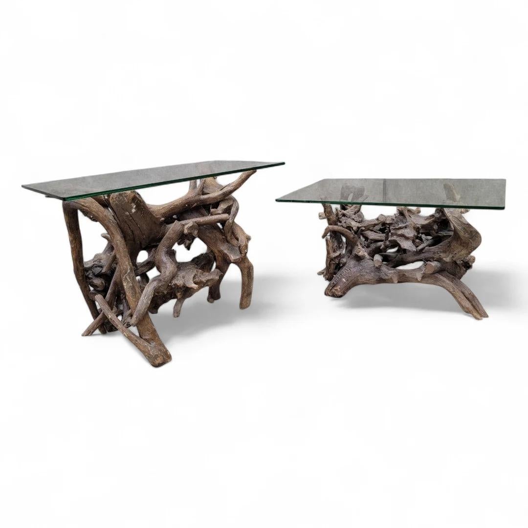 Mid Century Drift/Teak Root Live Edge Rectangle Glass Top Side Table - Set Of 2 For Sale 2