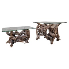 Rechteckiger Beistelltisch mit Glasplatte aus der Mitte des Jahrhunderts Drift/Teakholzwurzel mit Live Edge - 2er-Set