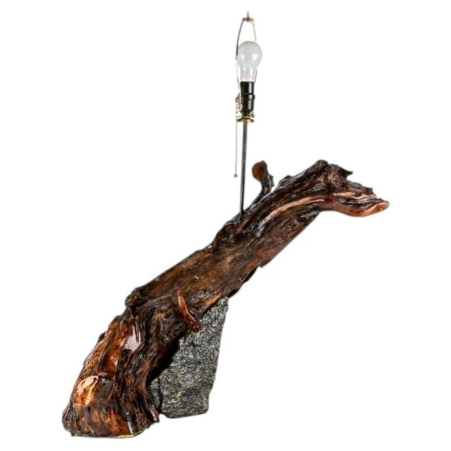 Mid Century Driftwood And Stone Lamp For Sale