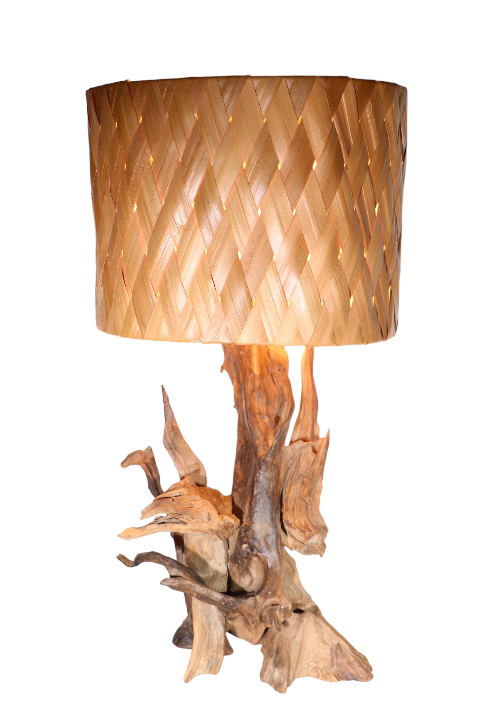 Mid Century Driftwood Table Lamp with Original Woven Rush Shade c 1950/1970's For Sale 4