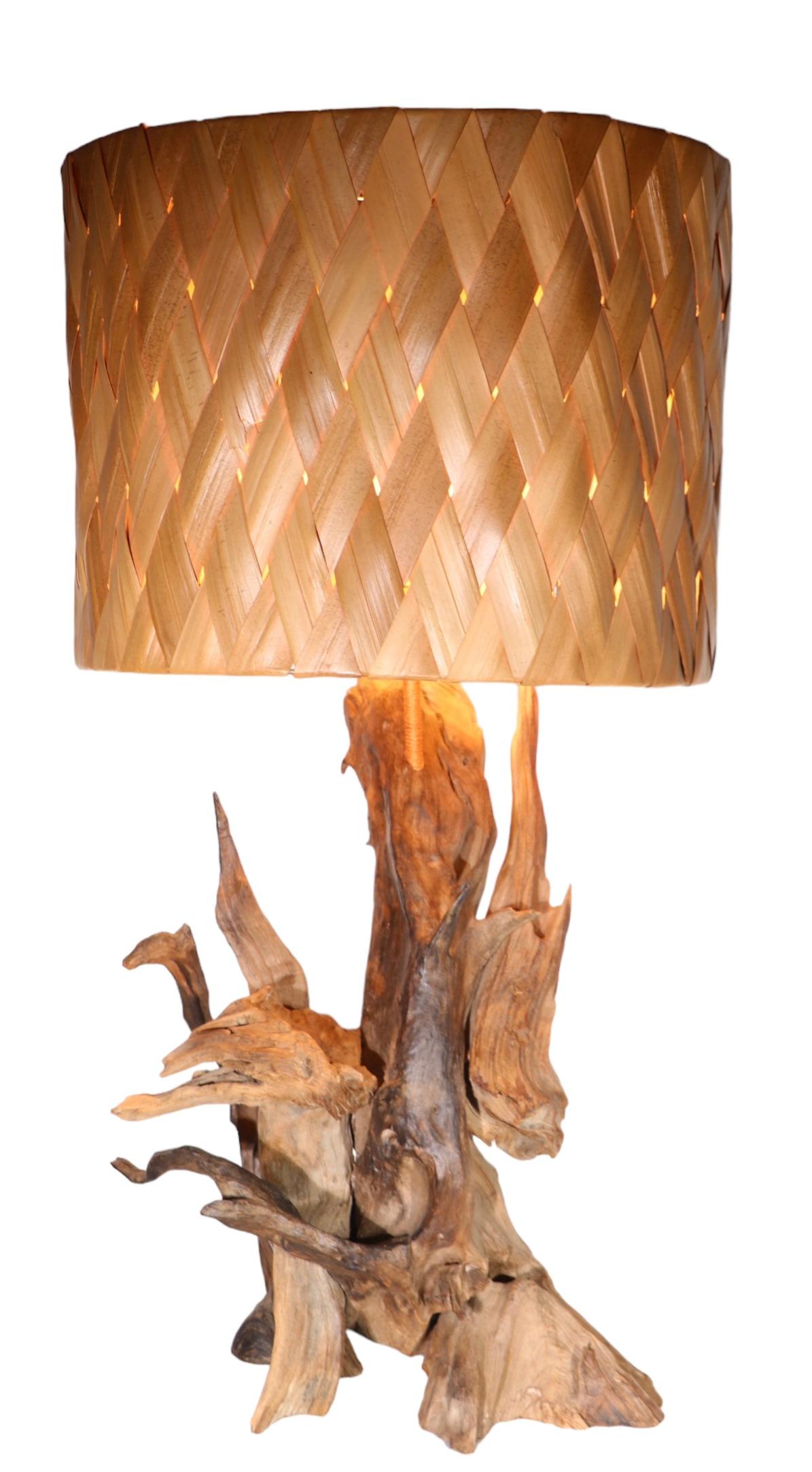 Mid Century Driftwood Table Lamp with Original Woven Rush Shade c 1950/1970's For Sale 5