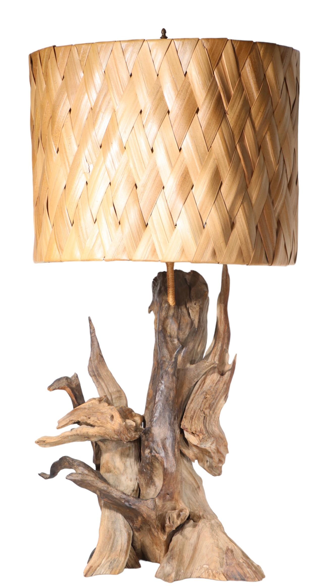 Mid Century Driftwood Table Lamp with Original Woven Rush Shade c 1950/1970's For Sale 8