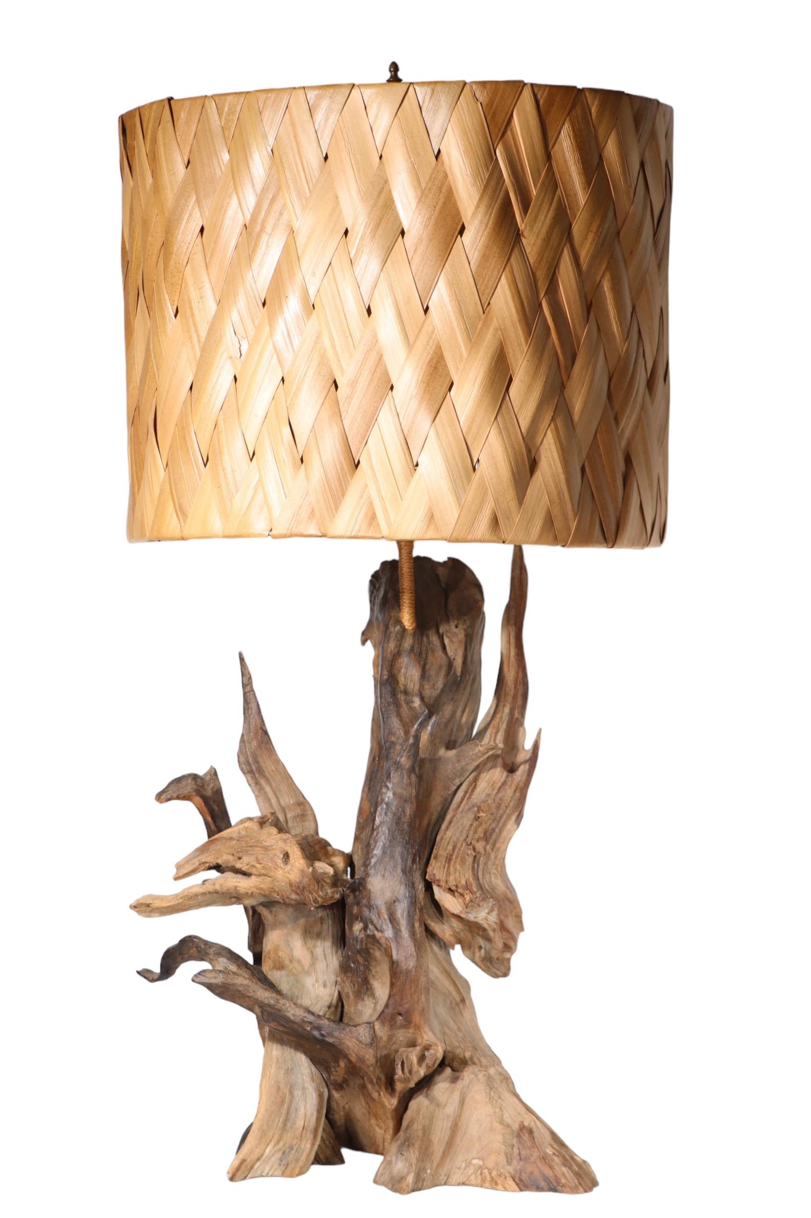 Mid Century Driftwood Table Lamp with Original Woven Rush Shade c 1950/1970's For Sale 9