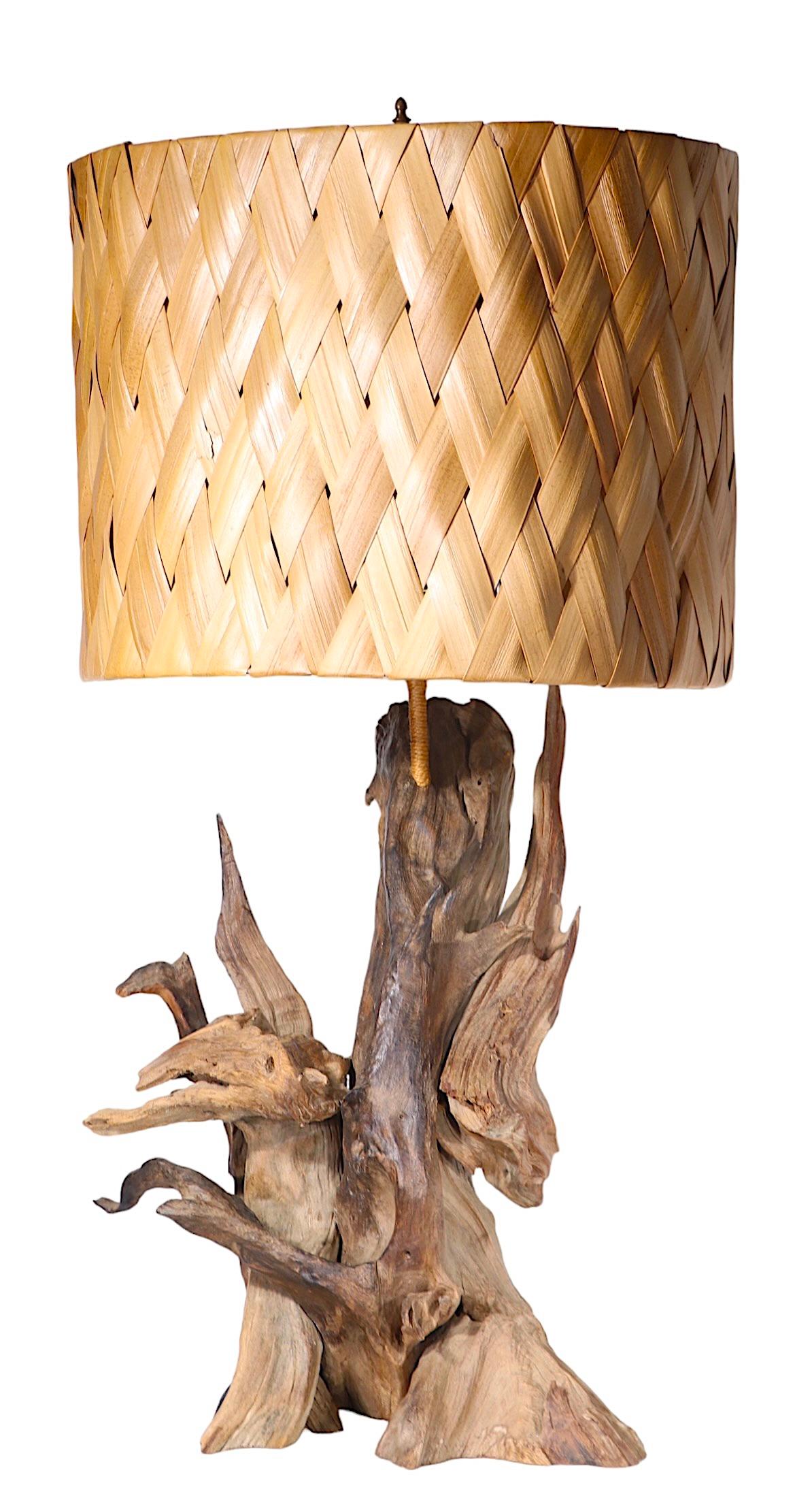 Mid Century Driftwood Table Lamp with Original Woven Rush Shade c 1950/1970's For Sale 12