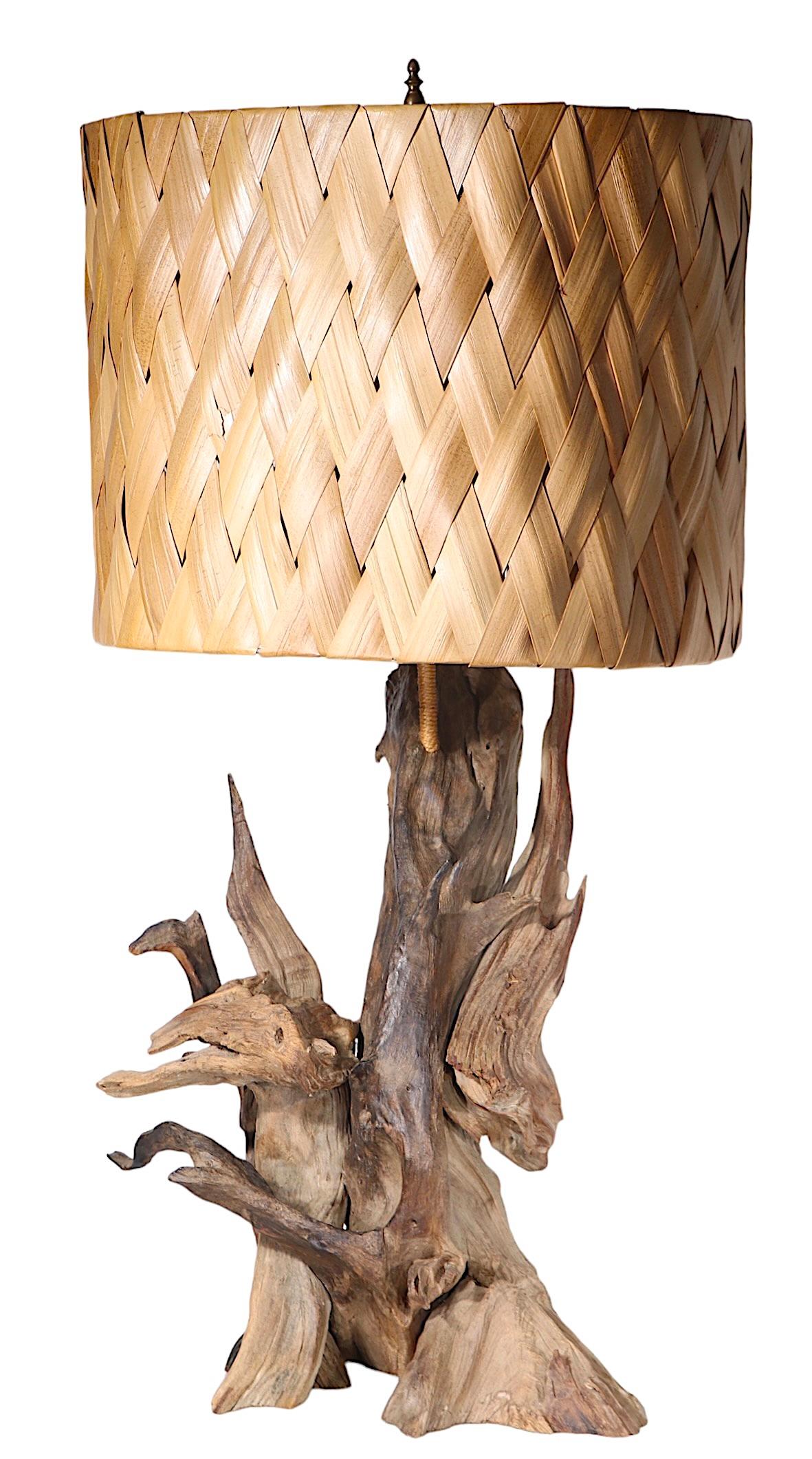 Mid Century Driftwood Table Lamp with Original Woven Rush Shade c 1950/1970's For Sale 13