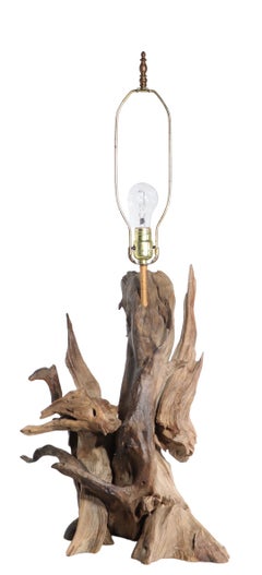 Mid Century Driftwood Table Lamp with Original Woven Rush Shade c 1950/1970's