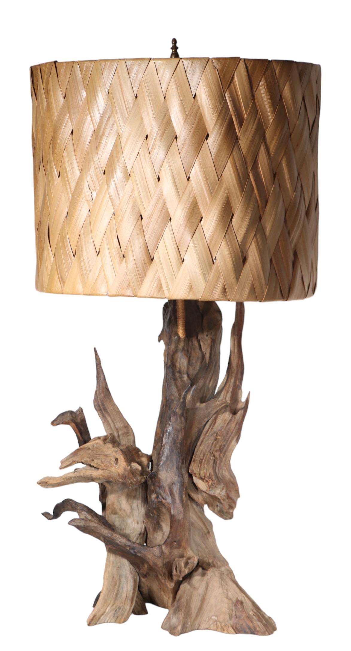 Mid Century Driftwood Table Lamp with Original Woven Rush Shade c 1950/1970's For Sale 14