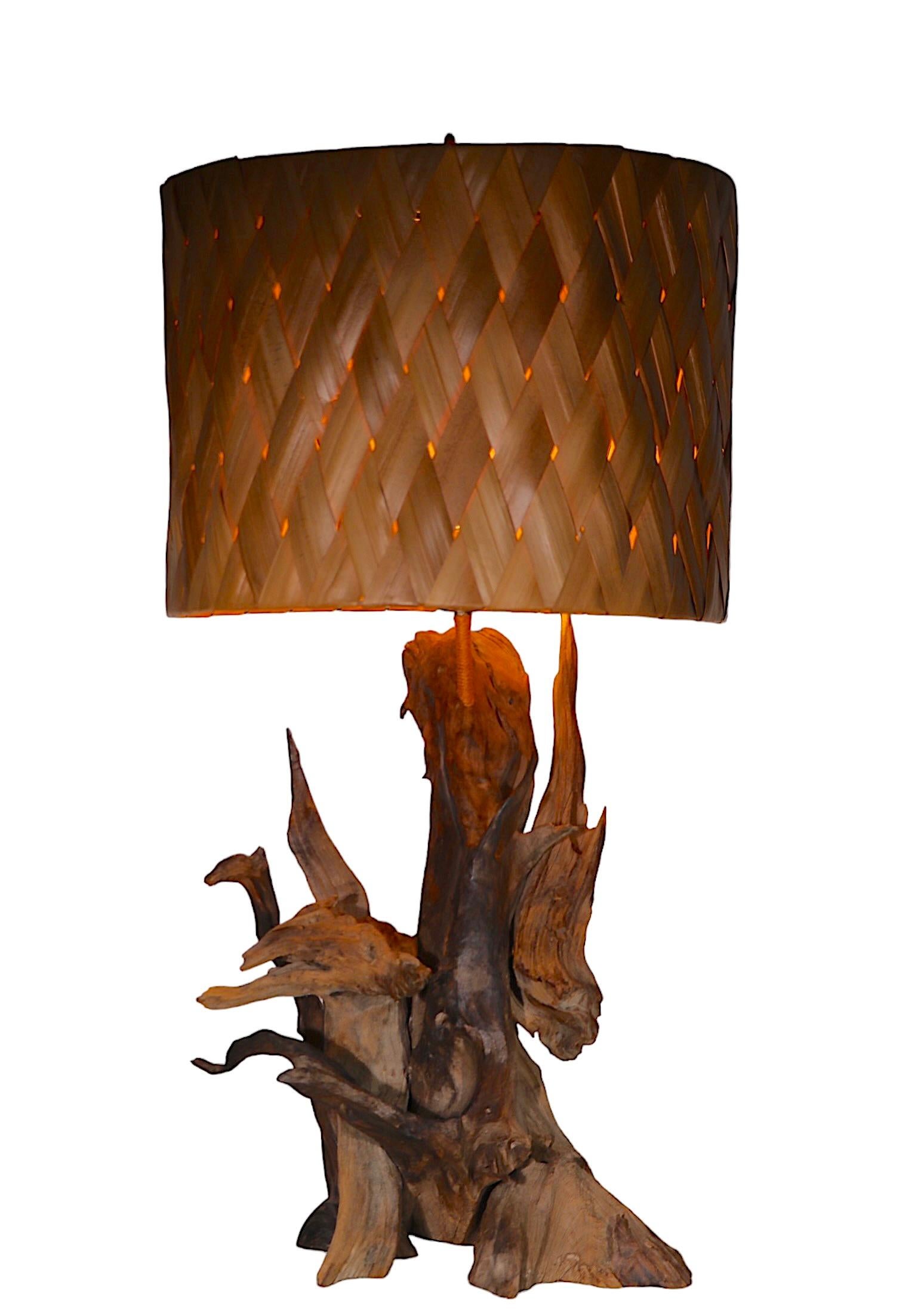 20th Century Mid Century Driftwood Table Lamp with Original Woven Rush Shade c 1950/1970's For Sale