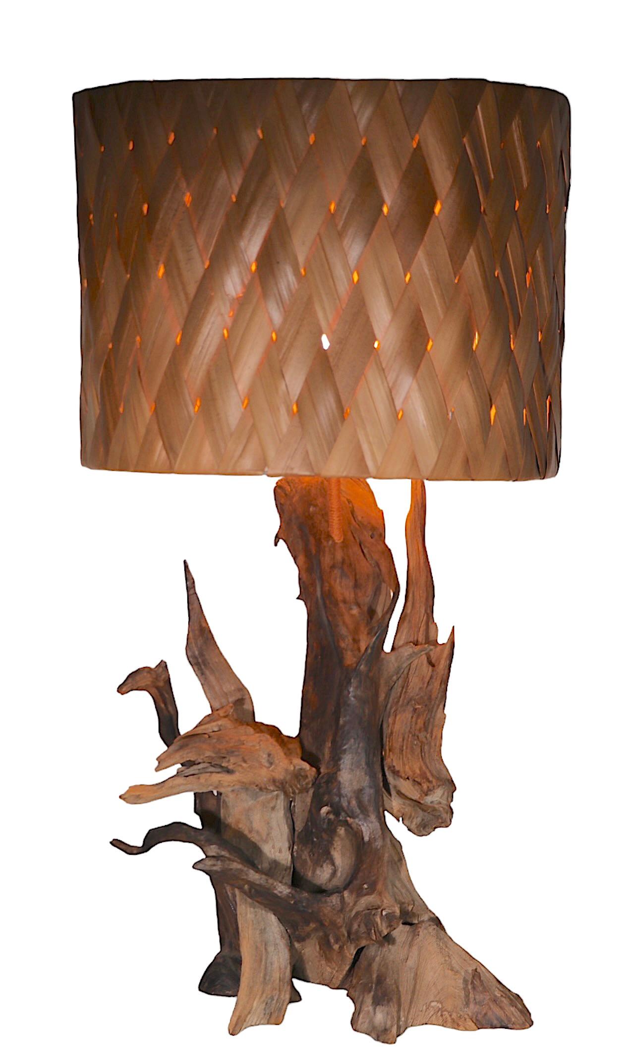 Mid Century Driftwood Table Lamp with Original Woven Rush Shade c 1950/1970's For Sale 1