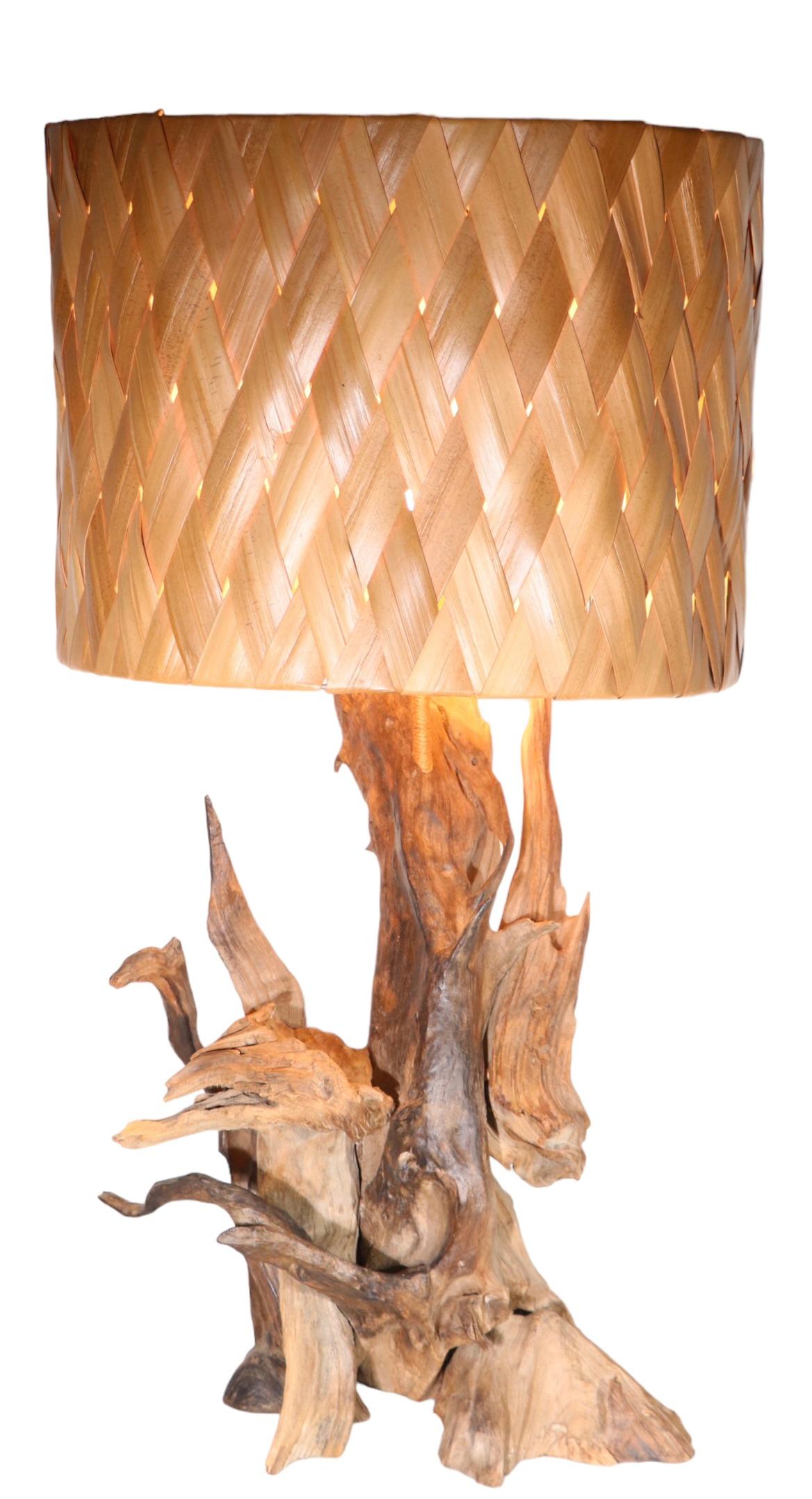 Mid Century Driftwood Table Lamp with Original Woven Rush Shade c 1950/1970's For Sale 2