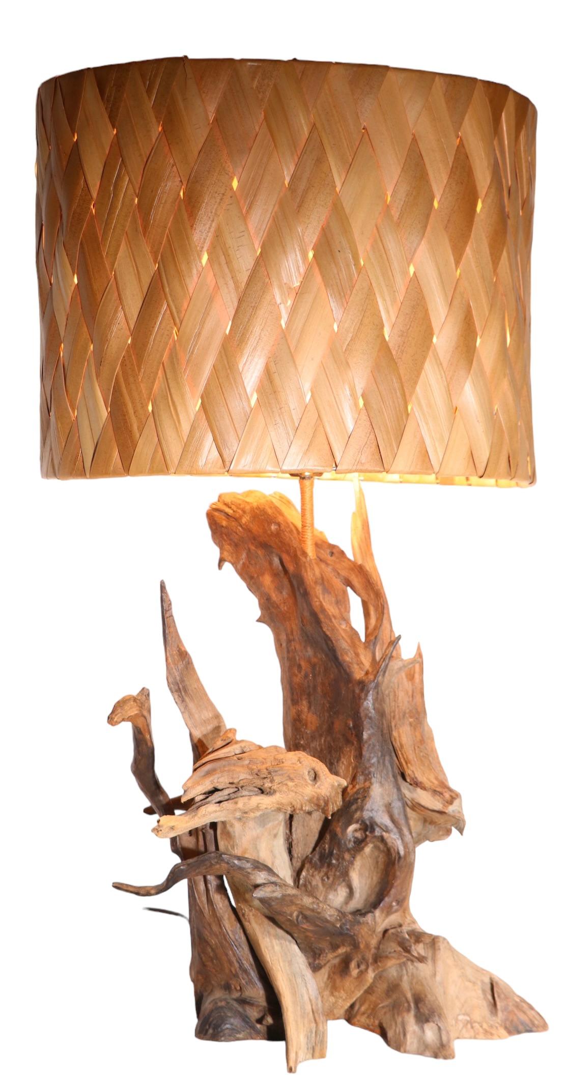 Mid Century Driftwood Table Lamp with Original Woven Rush Shade c 1950/1970's For Sale 3