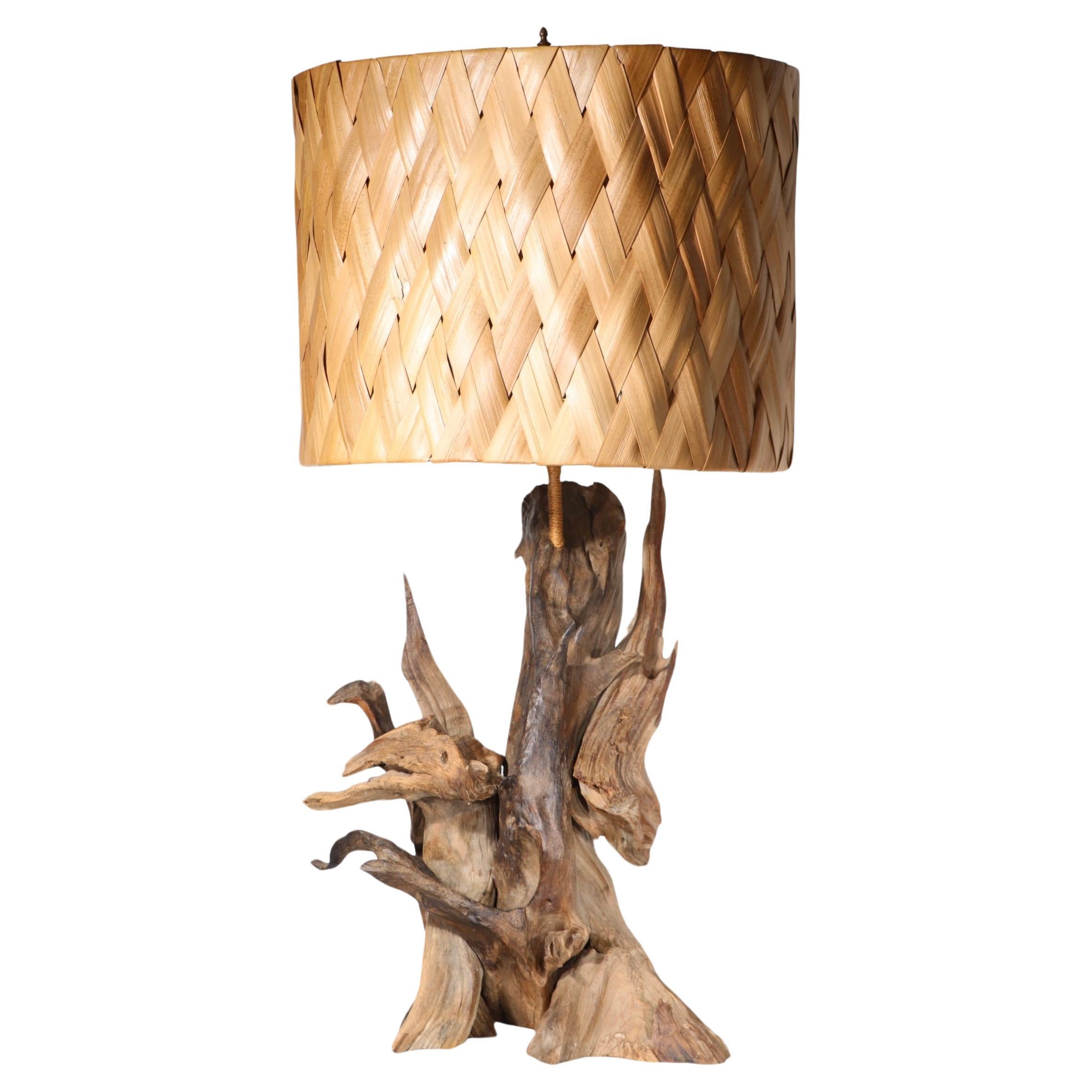 Mid Century Driftwood Table Lamp with Original Woven Rush Shade c 1950/1970's For Sale