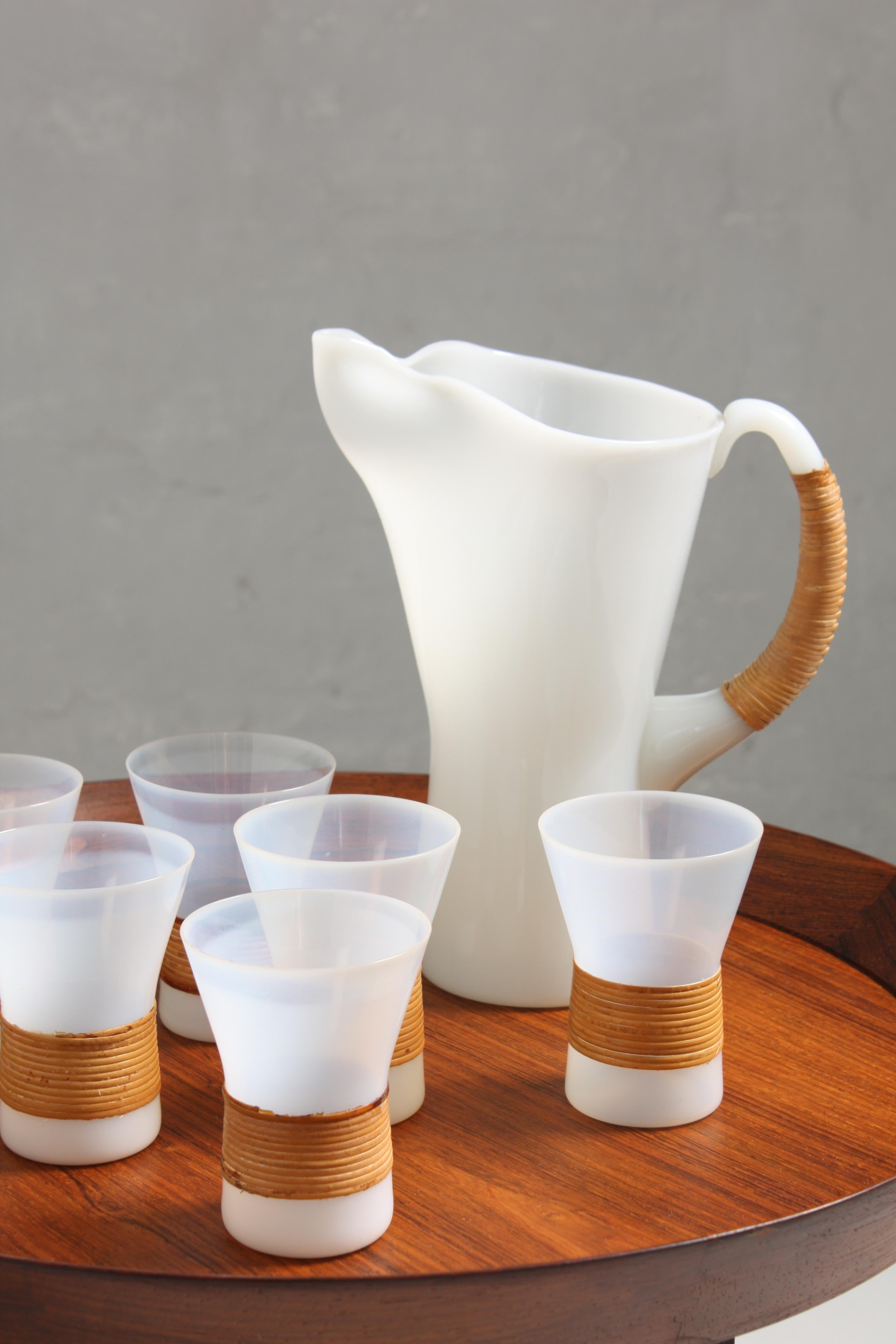 Bamboo Midcentury Drink Pitcher and Six Glass by Jacob E. Bang, Danish Modern, 1950s