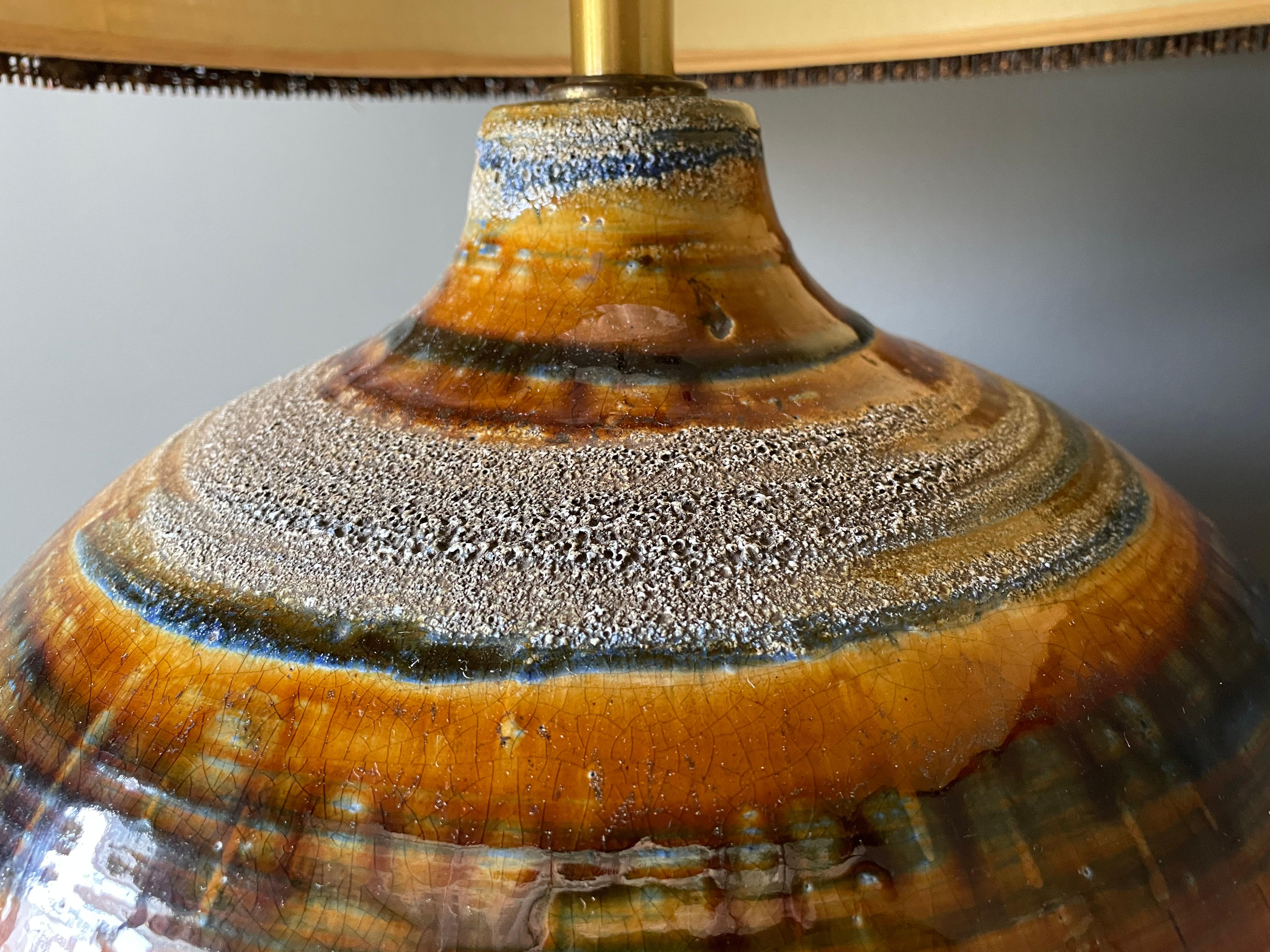 Vintage drip glaze lamp. Beautiful colors and contrasting textures. Shade is by textile designer Maria Kipp of Los Angeles.